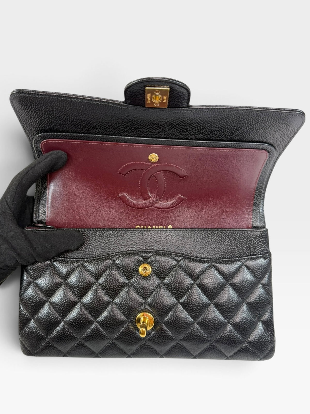 Chanel Medium Classic Double Flap In Black Caviar Leather Gold Hardware