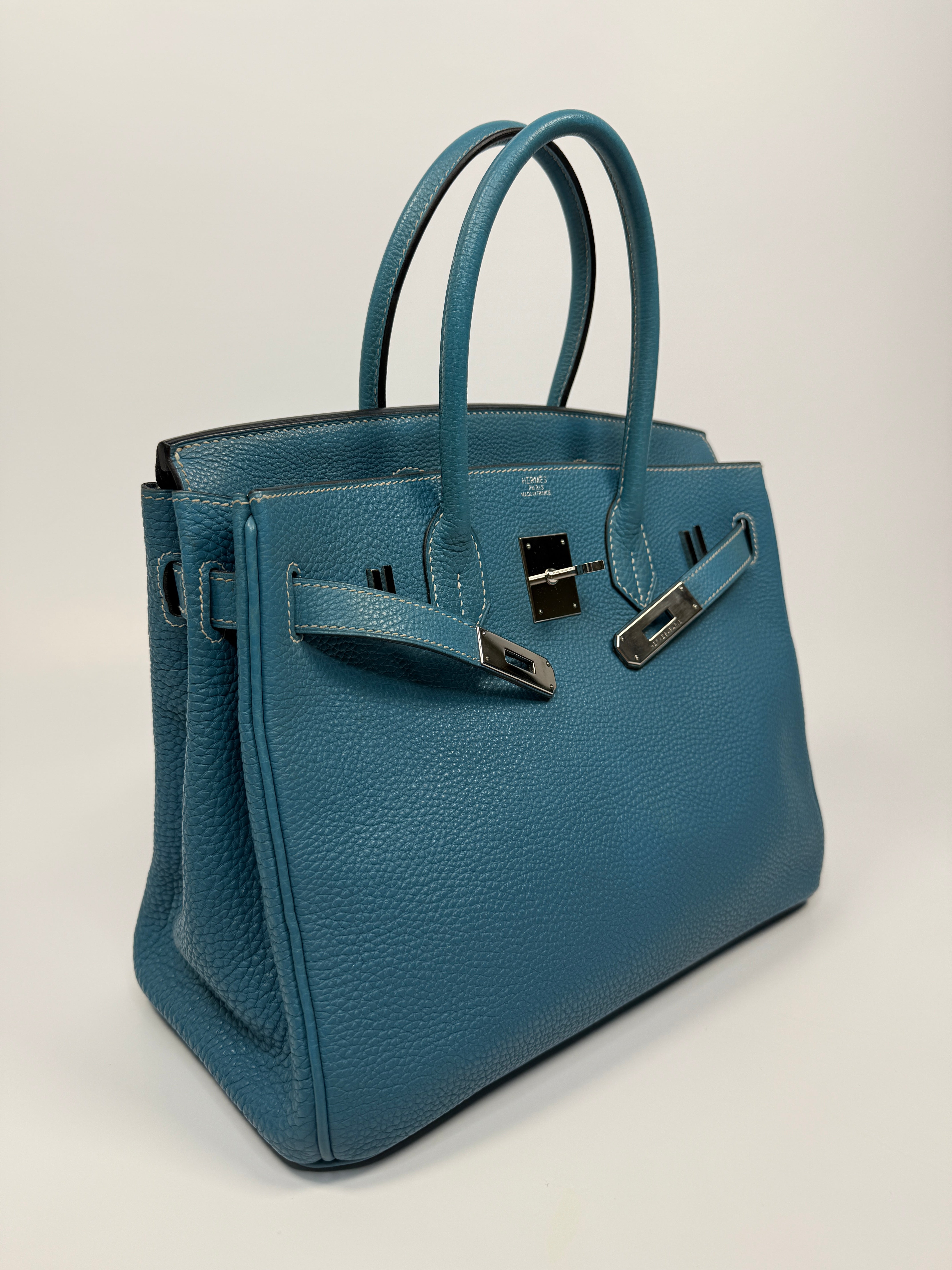 Authentic Pre Loved Hermès Birkin 30 In Blue Jean Togo Leather With Palladium Hardware Excellent Condition