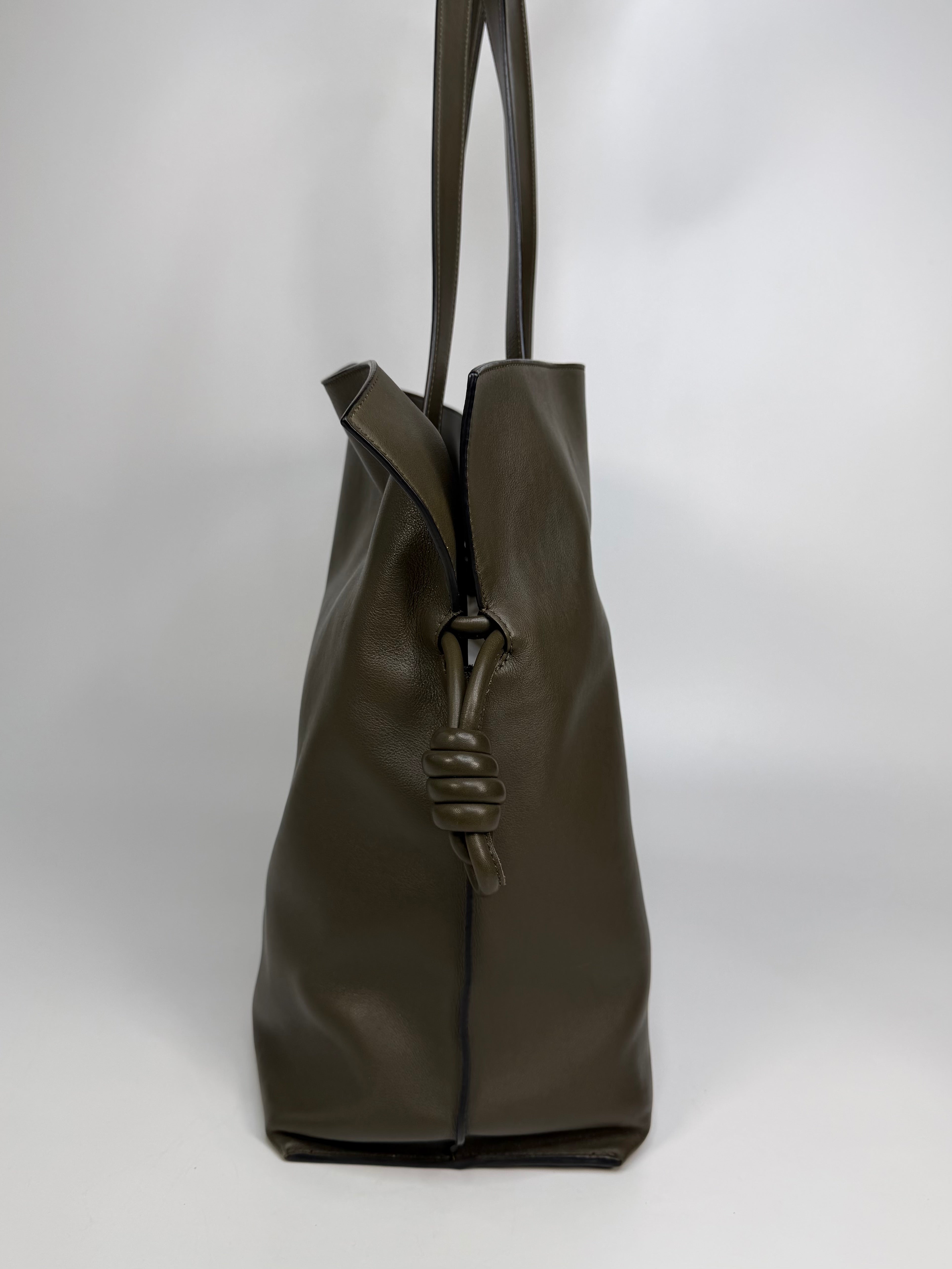 Loewe XL Flamenco Tote Bag In Khaki With Gold Hardware. Authentic and preloved in excellent condition