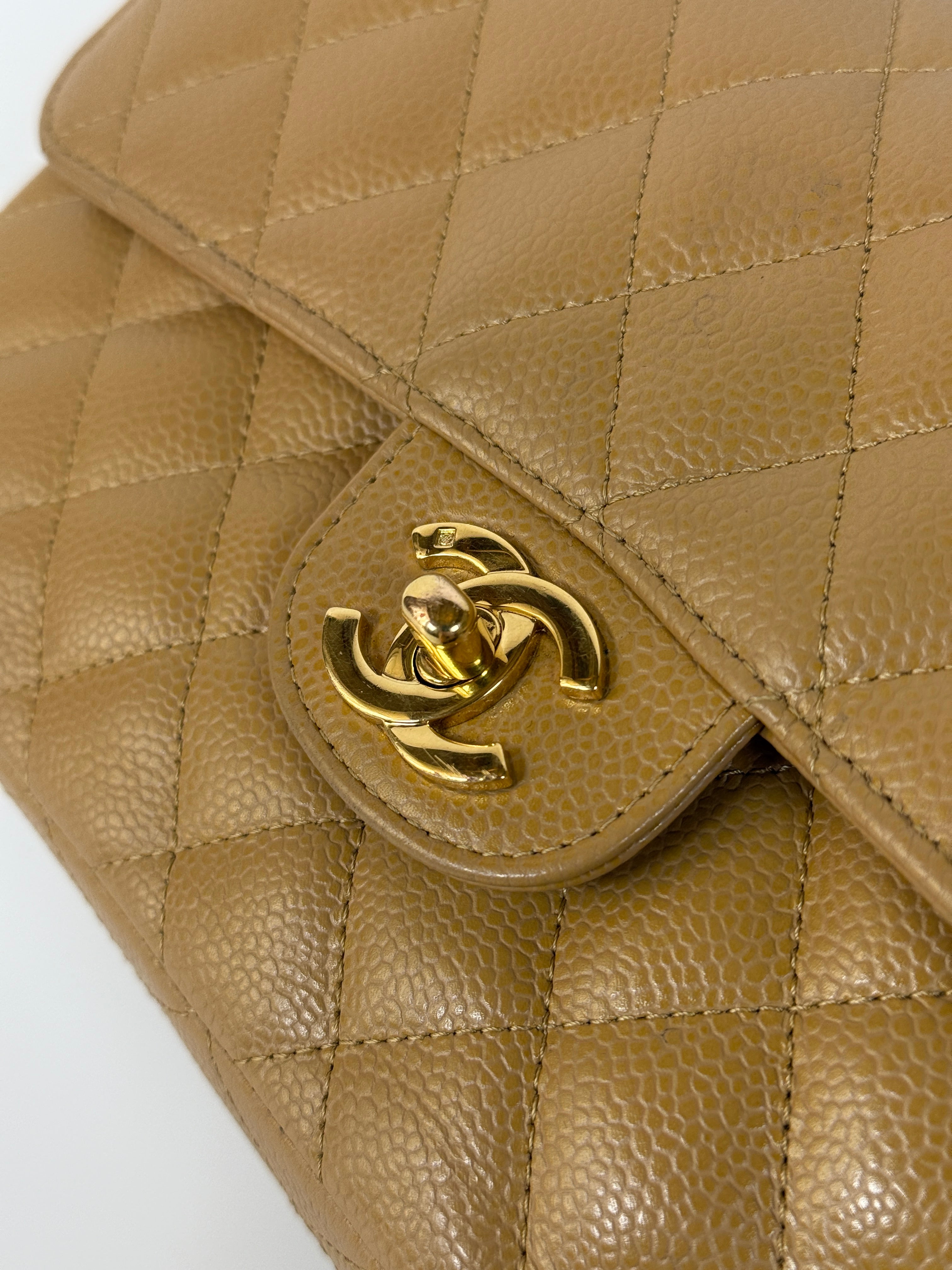 Chanel Small Classic Double Flap In Beige Caviar Leather With 24kt Gold Hardware. Authentic and Preloved. Excellent Condition, 100% Authenticity guarantee 