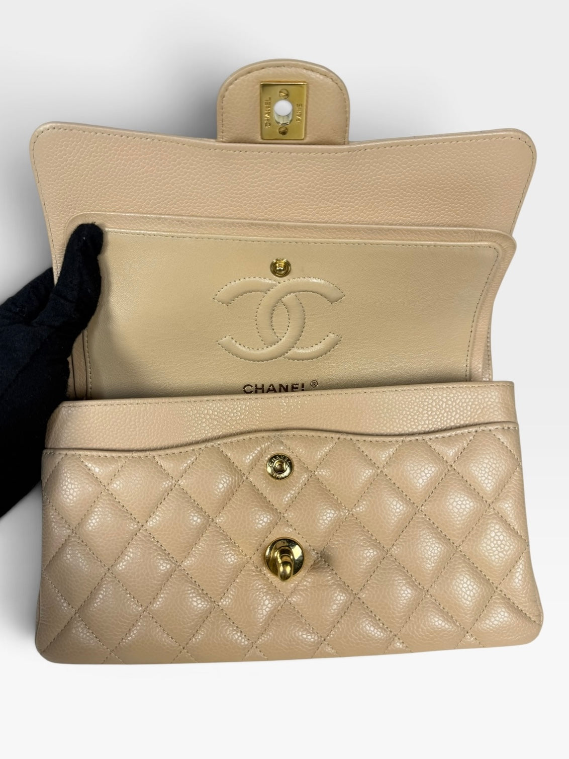 Chanel Small Classic Double Flap In Beige Caviar Leather With Gold Hardware. 100% authentic and preloved in excellent condition.