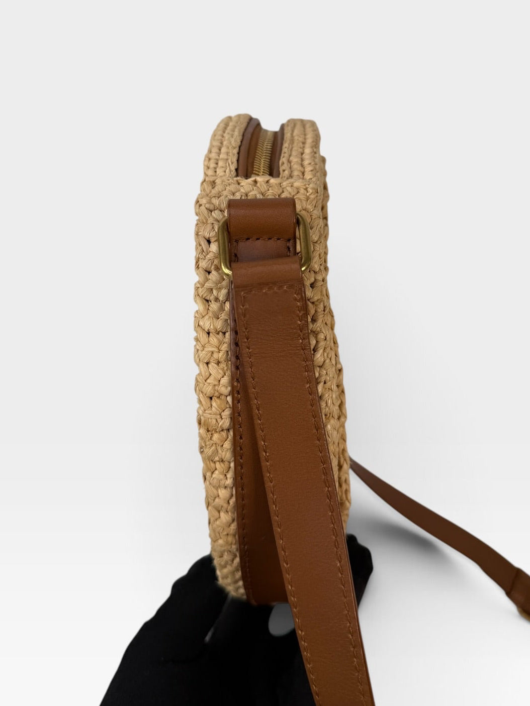 Saint Laurent Round Raffia Crossbody Bag With Gold Hardware. 100% authentic and preloved in excellent condition