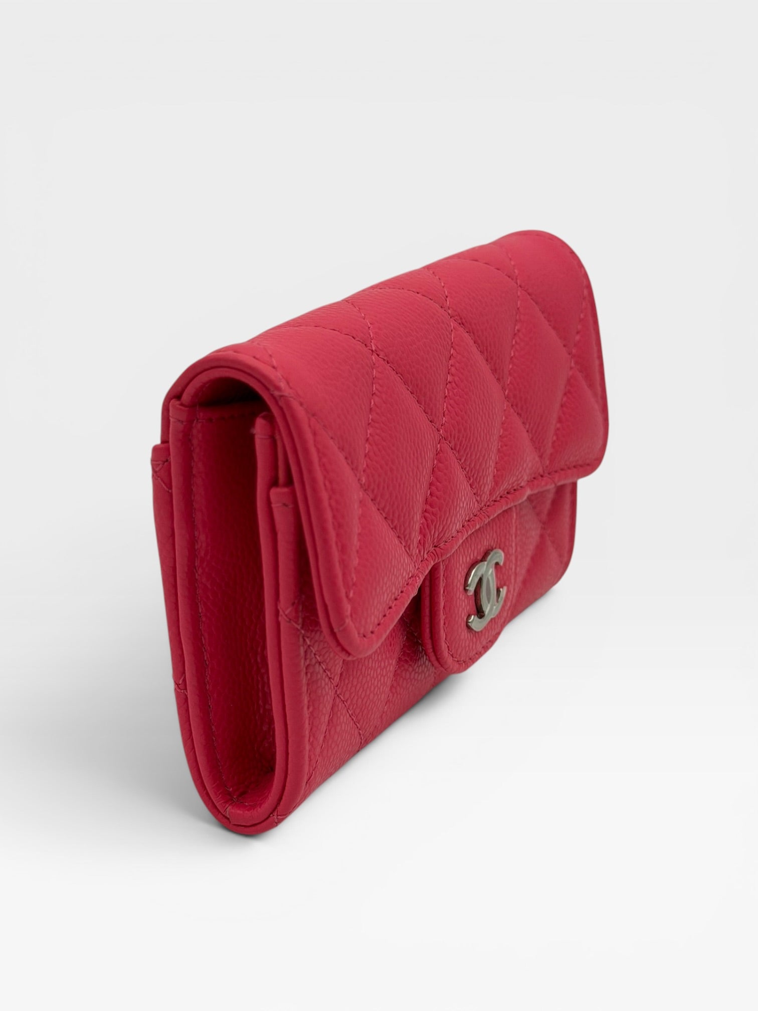 Chanel Classic Card Holder In Hot Pink Caviar Leather With Silver Hardware. Authentic and preloved in excellent condition