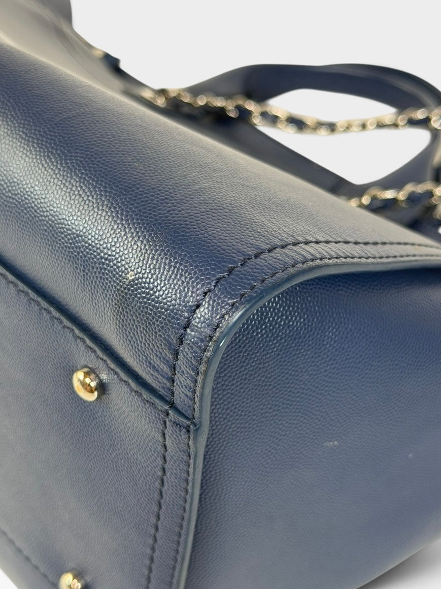 Chanel Medium Deauville In Blue Leather With Silver Hardware. Authentic and preloved in very good condition. 100% Luxe guarantee 