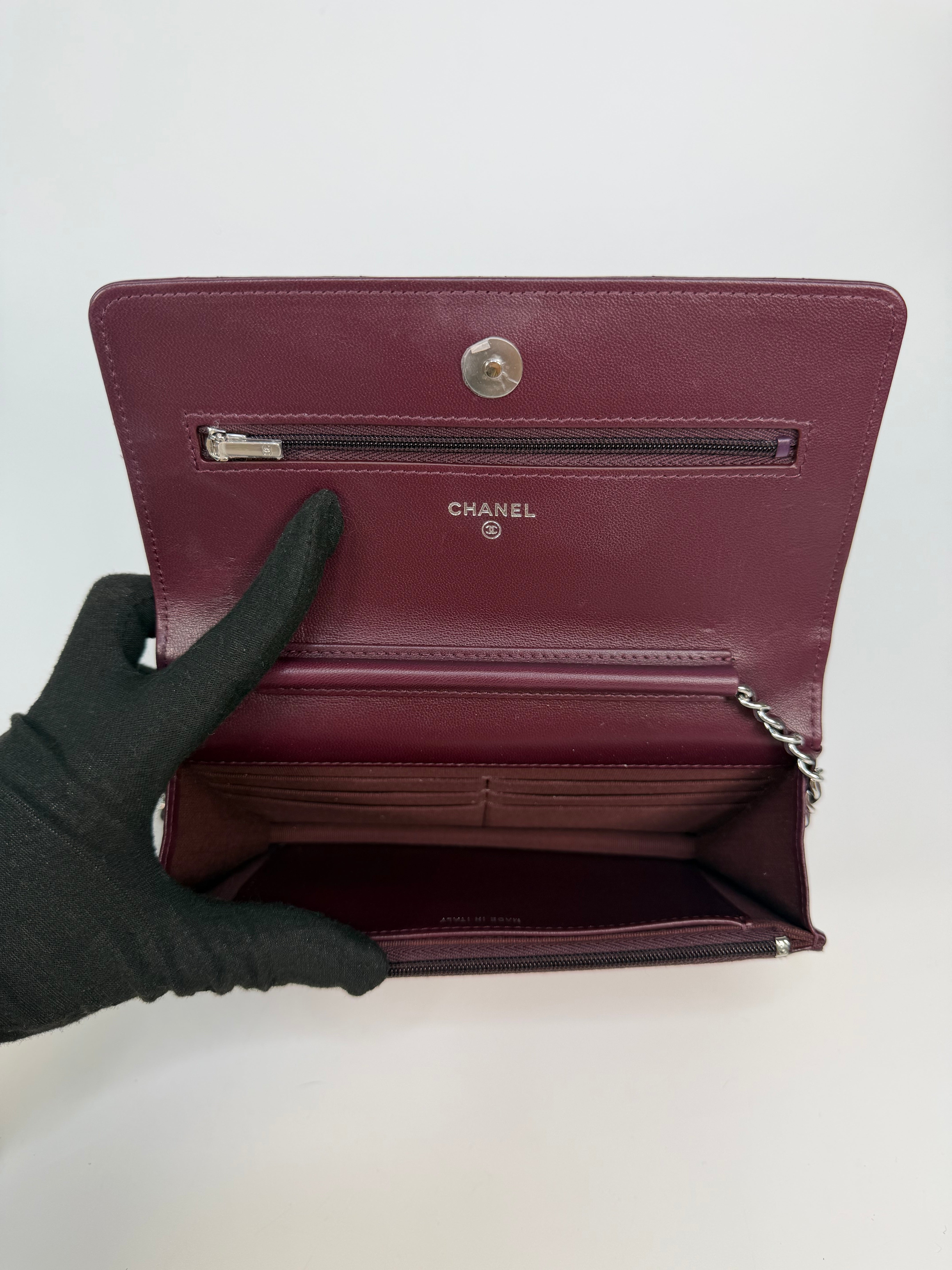 Chanel Wallet On Chain In Burgundy Lambskin With Silver Hardware. Authentic and preloved in excellent condition. 100% Guarantee
