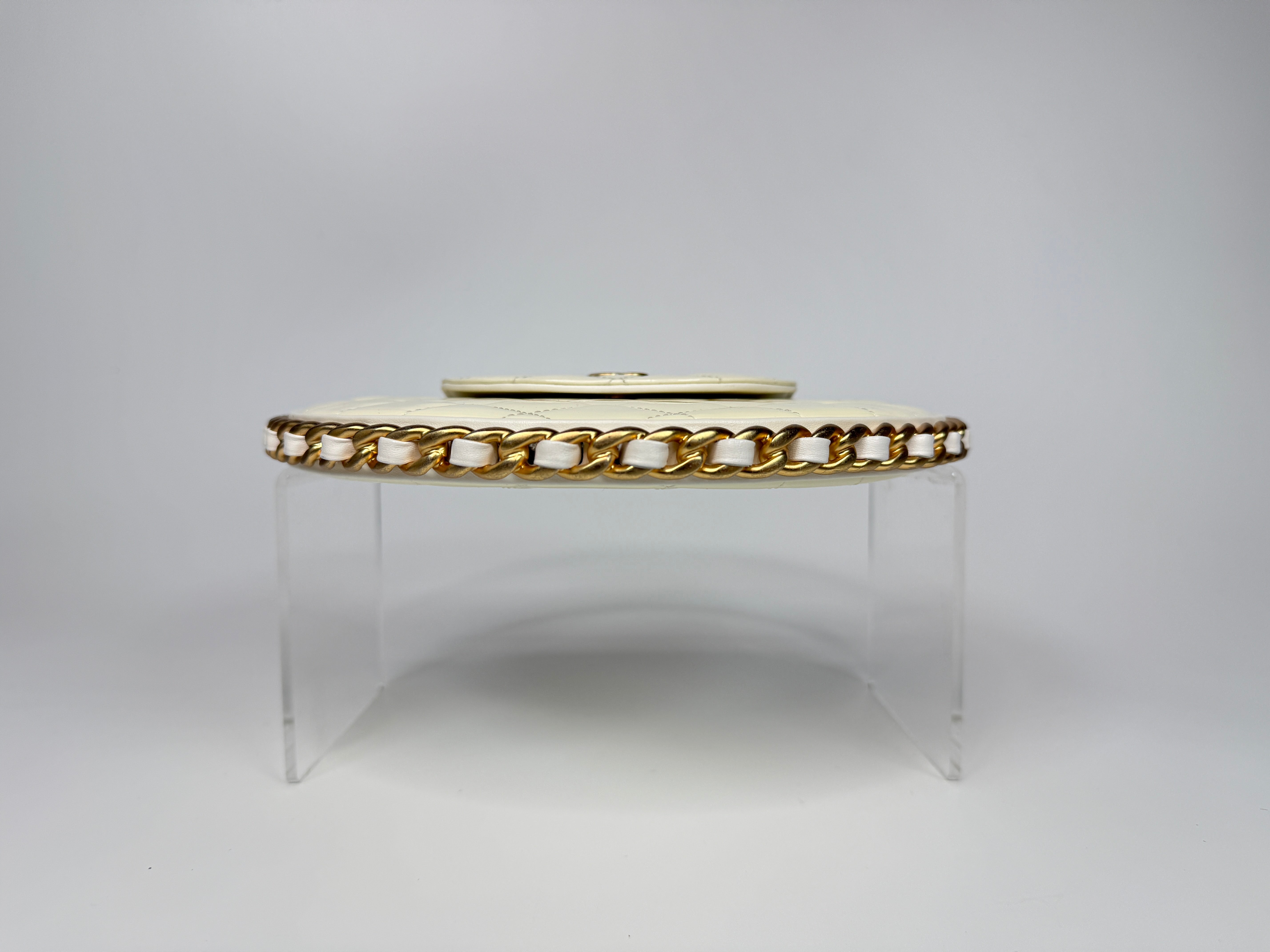 Authentic and preloved Chanel White Quilted Patent Leather Chain Around Hoop Bag In Excellent condition. 100% Authenticity Guarantee 