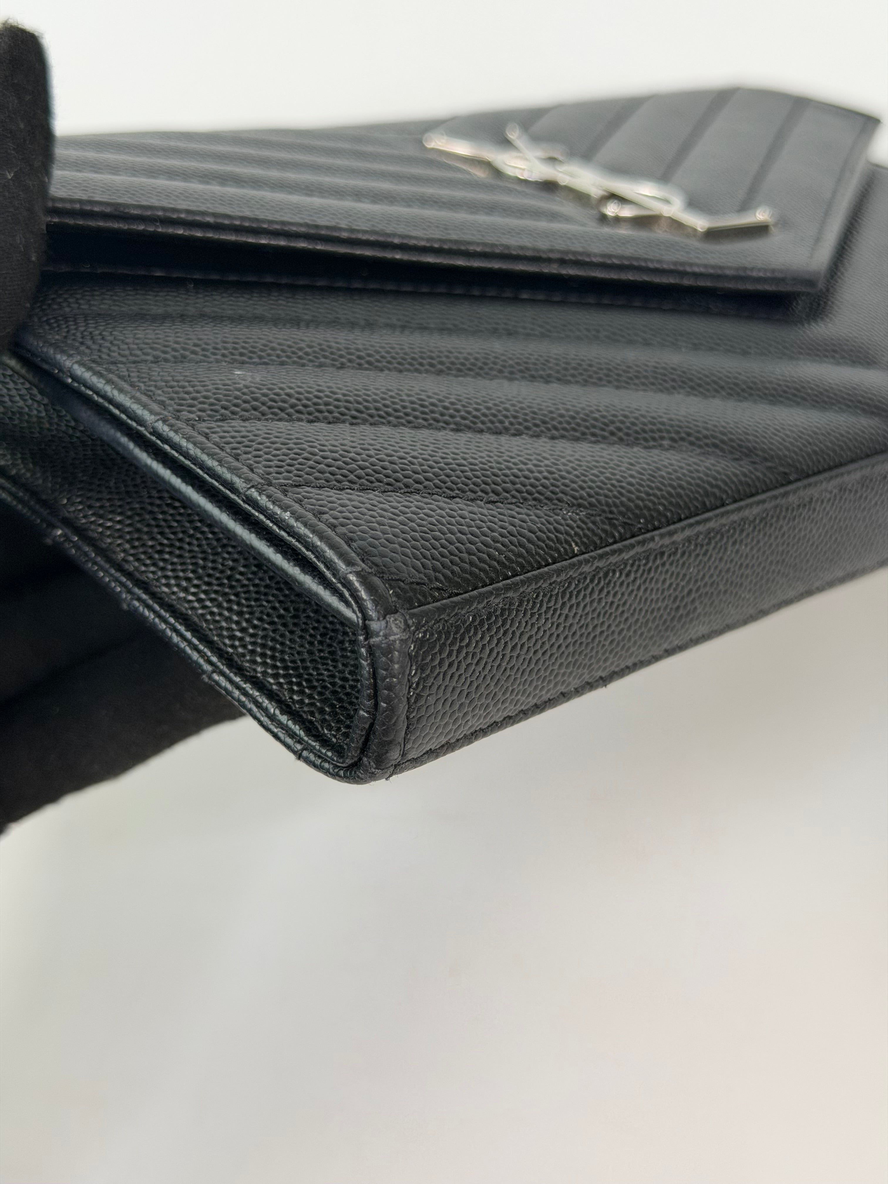 Saint Laurent Cassandre Chain Wallet In Black With Silver Hardware in good condition 100% authentic and preloved