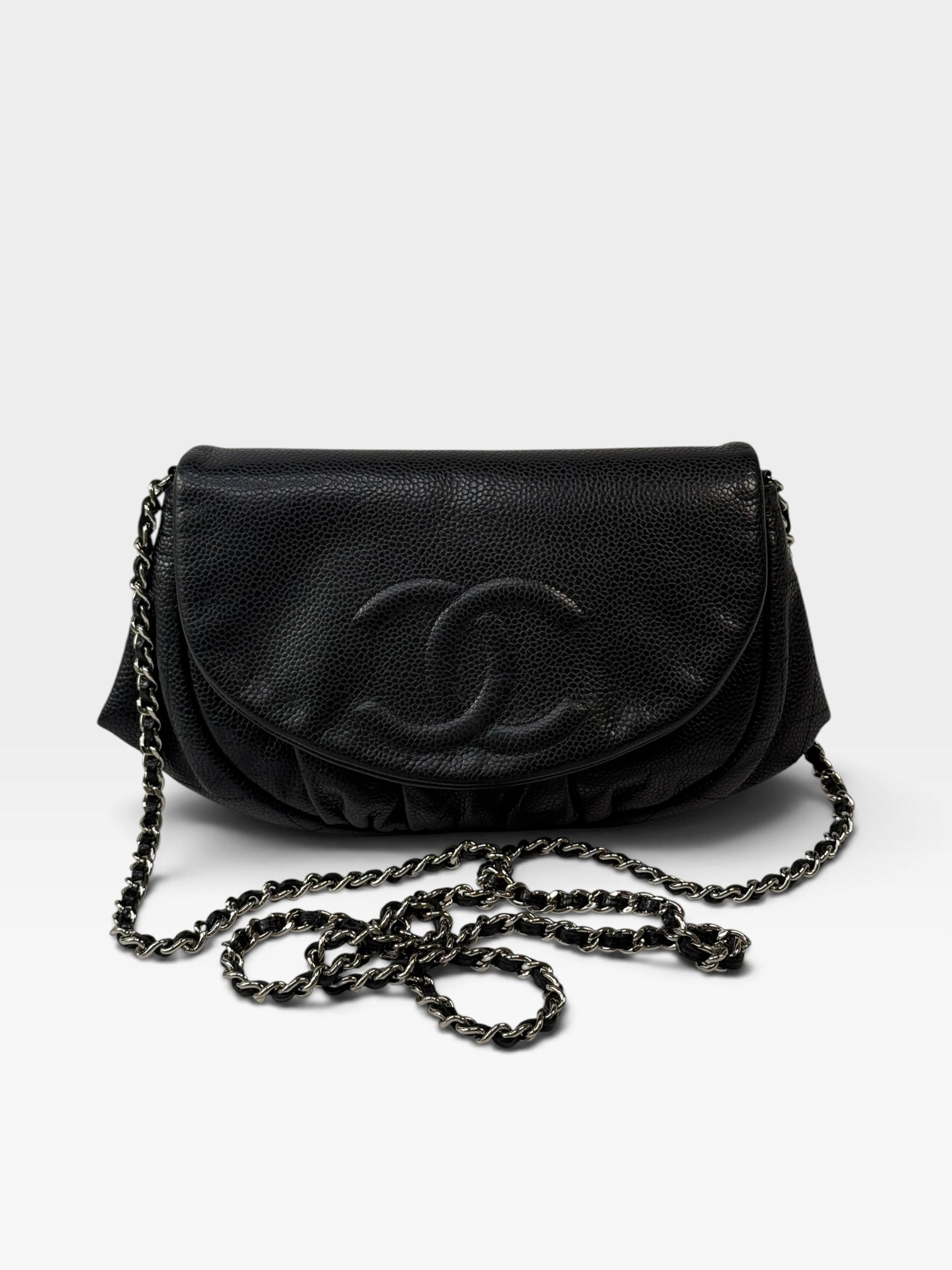 Chanel Wallet On Chain Half Moon In Black caviar With Silver Hardware 100% authentic and preloved in excellent condition