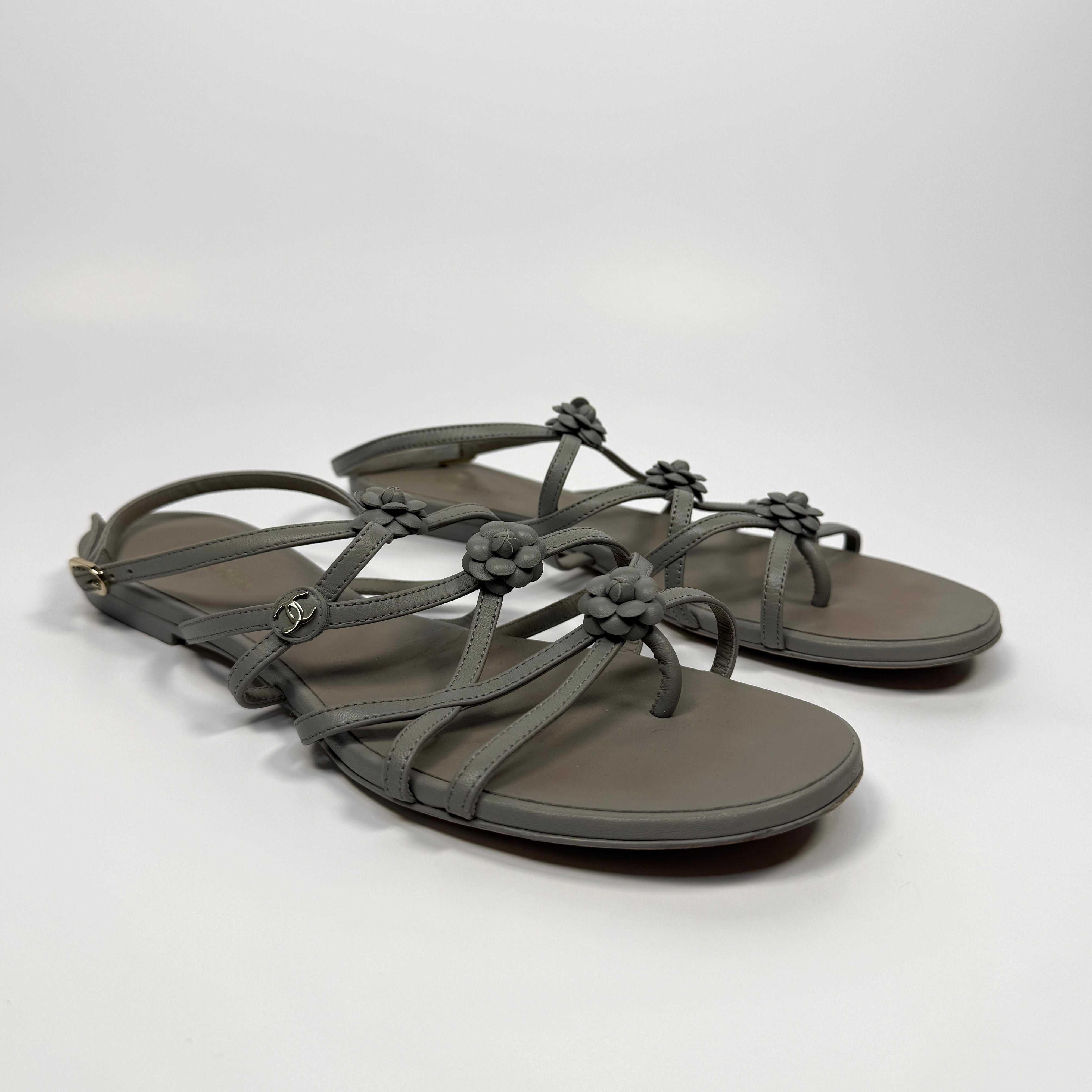 Chanel Camellia Sandals In Grey Leather Size 39.5/UK6.5