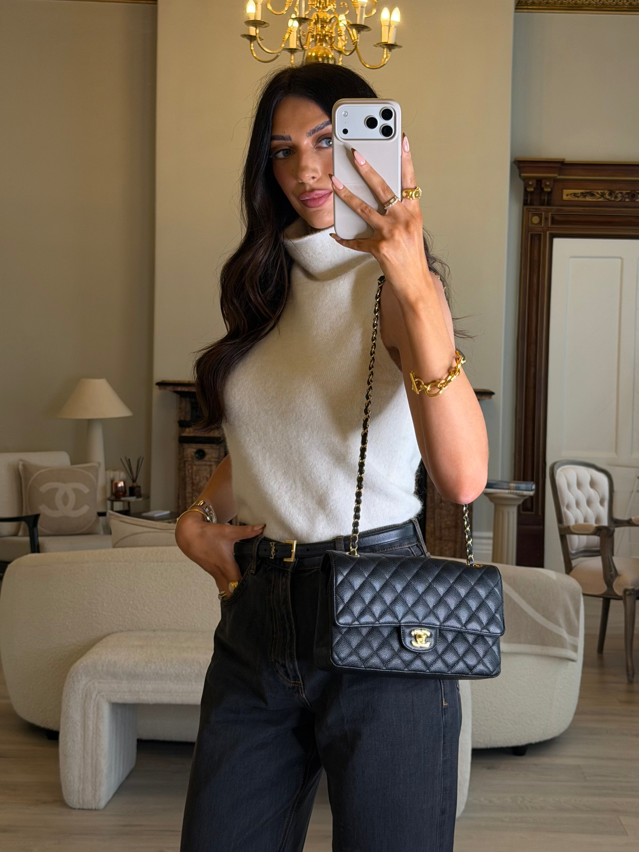 Chanel Medium Classic Double Flap Black Caviar With Gold Hardware, Authentic And Preloved In Excellent Condition 