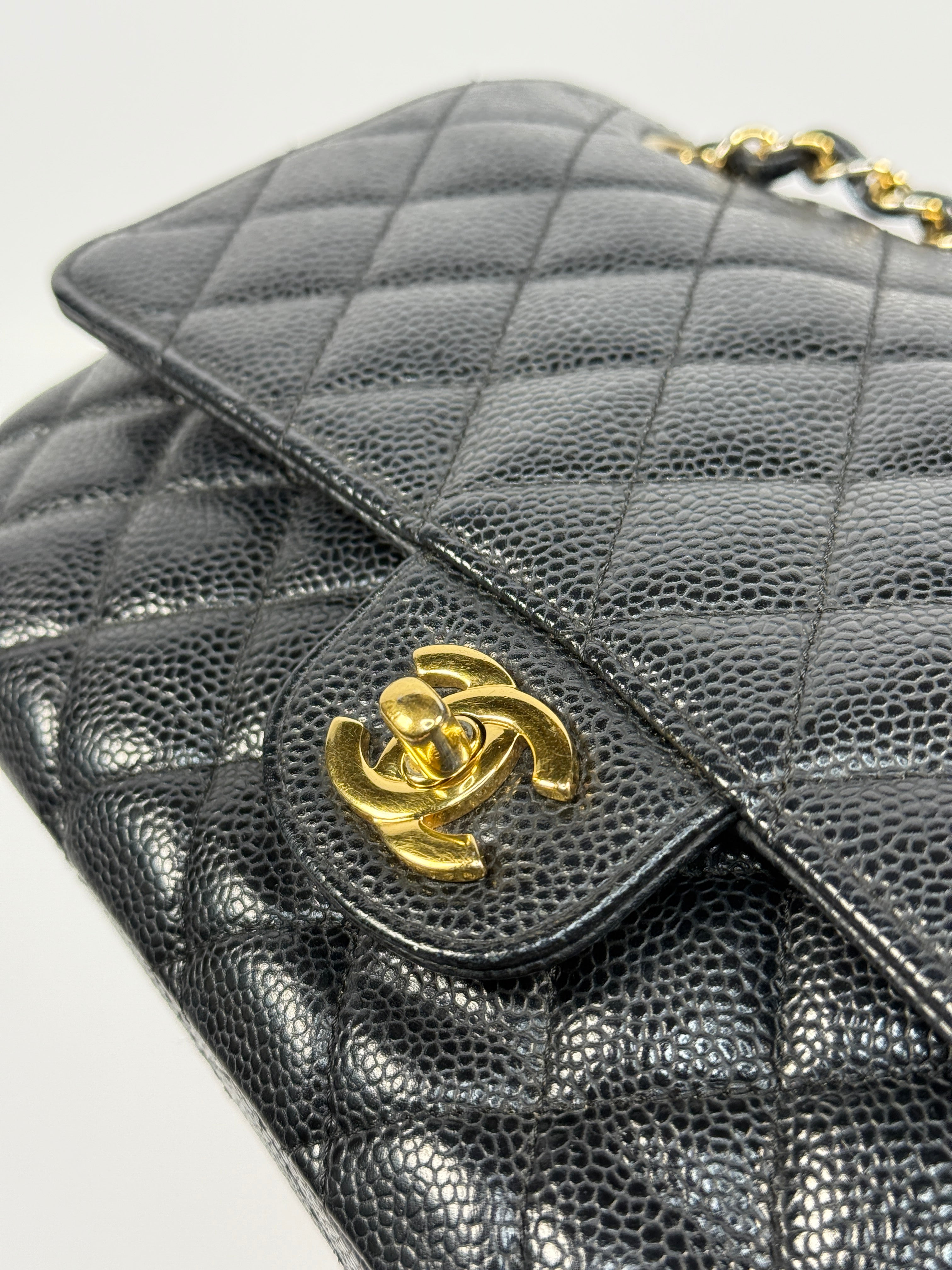 Chanel Medium Classic Double Flap Black Caviar With Gold Hardware, Authentic And Preloved In Very Good Condition 