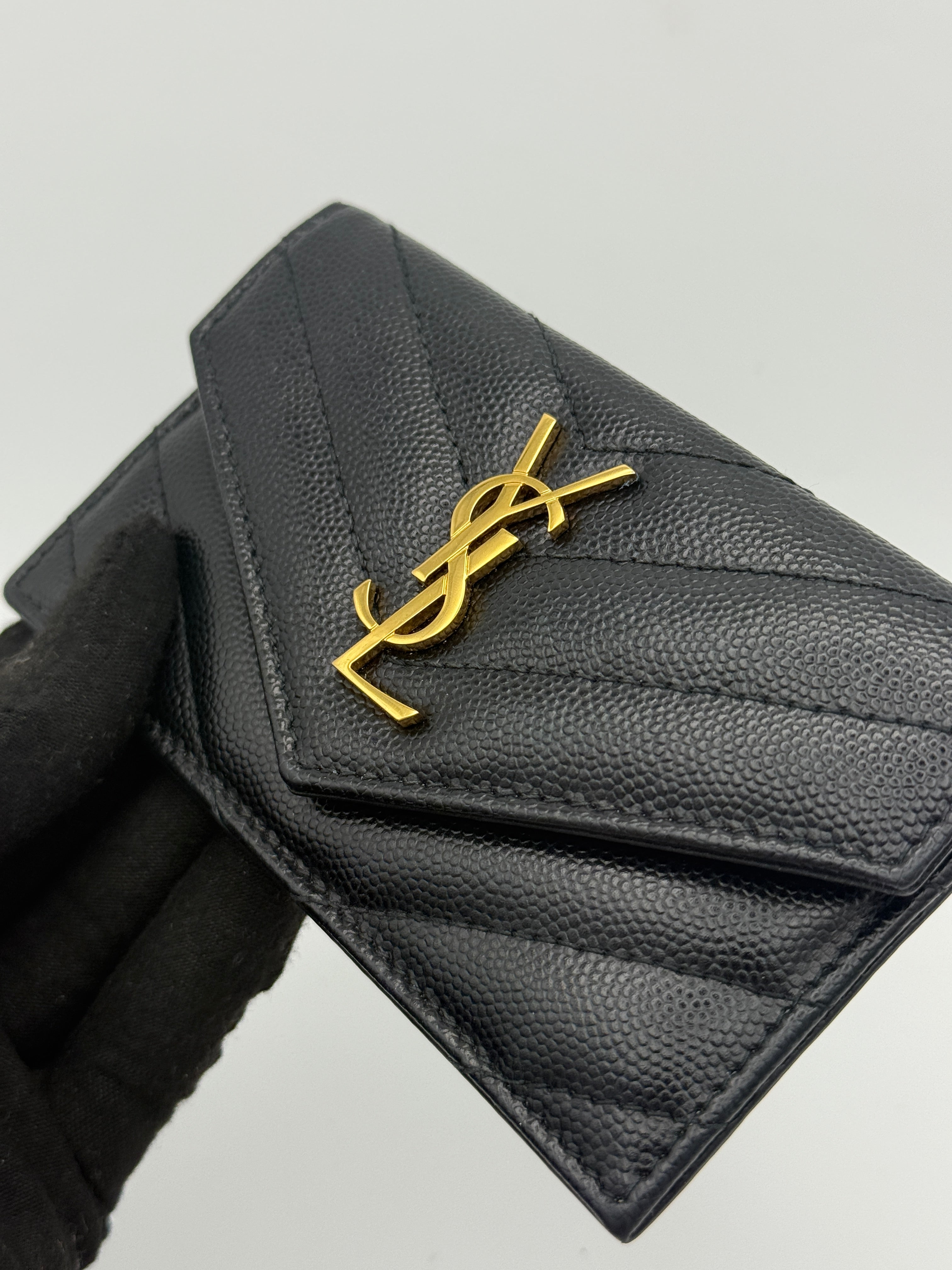 Saint Laurent Monogram Fragments Metalassé Card Holder Black Leather Gold Hardware. Authentic and preloved. Excellent Condition. 100% Authenticity guarantee 