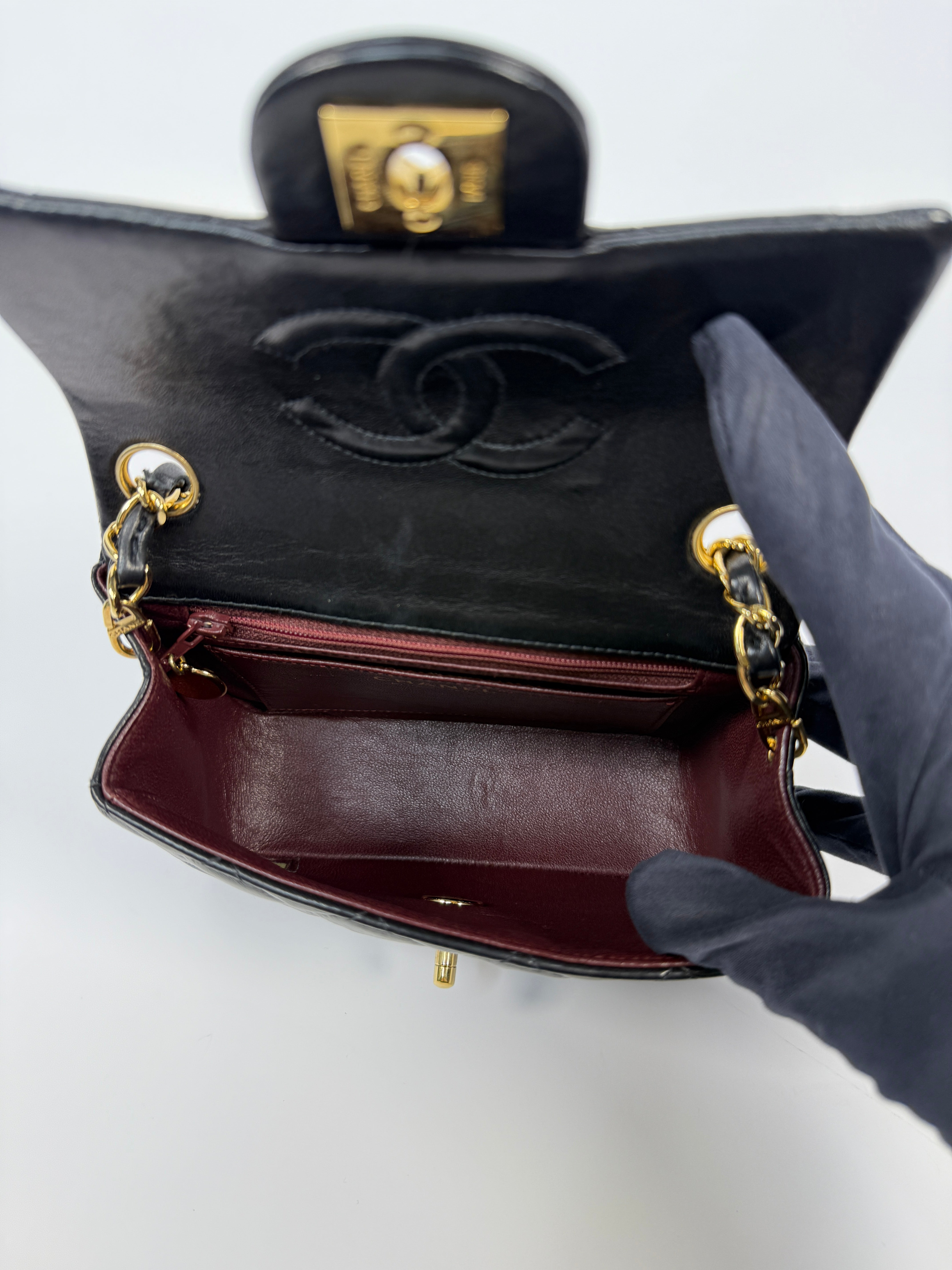 Chanel Black Square Vintage Flap Bag In Lambskin With Gold Hardware
Pre Loved & Authentic 