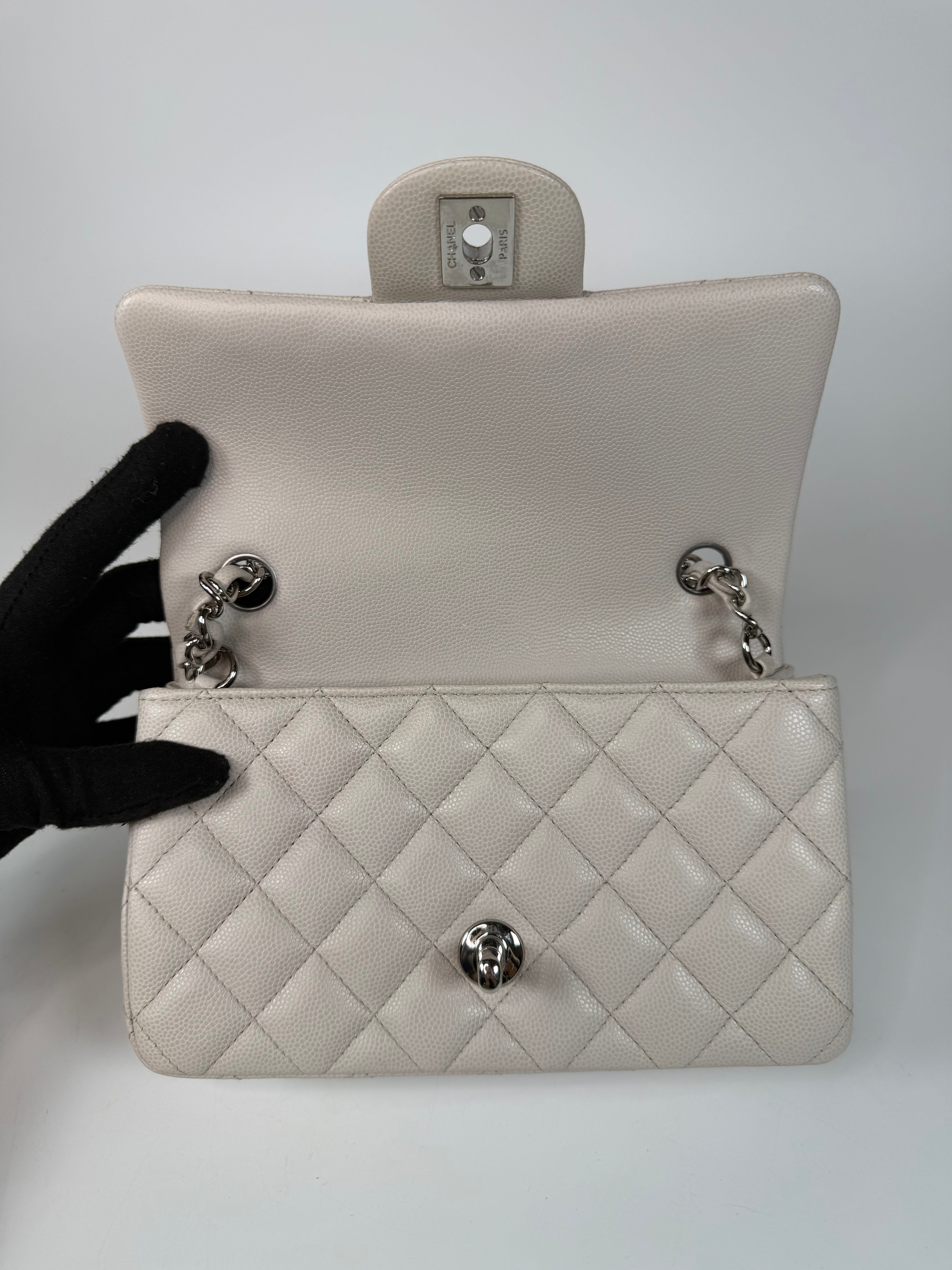 Chanel Mini Rectangle Pale Grey Caviar Leather With Silver Hardware in excellent condition 100% authentic and preloved