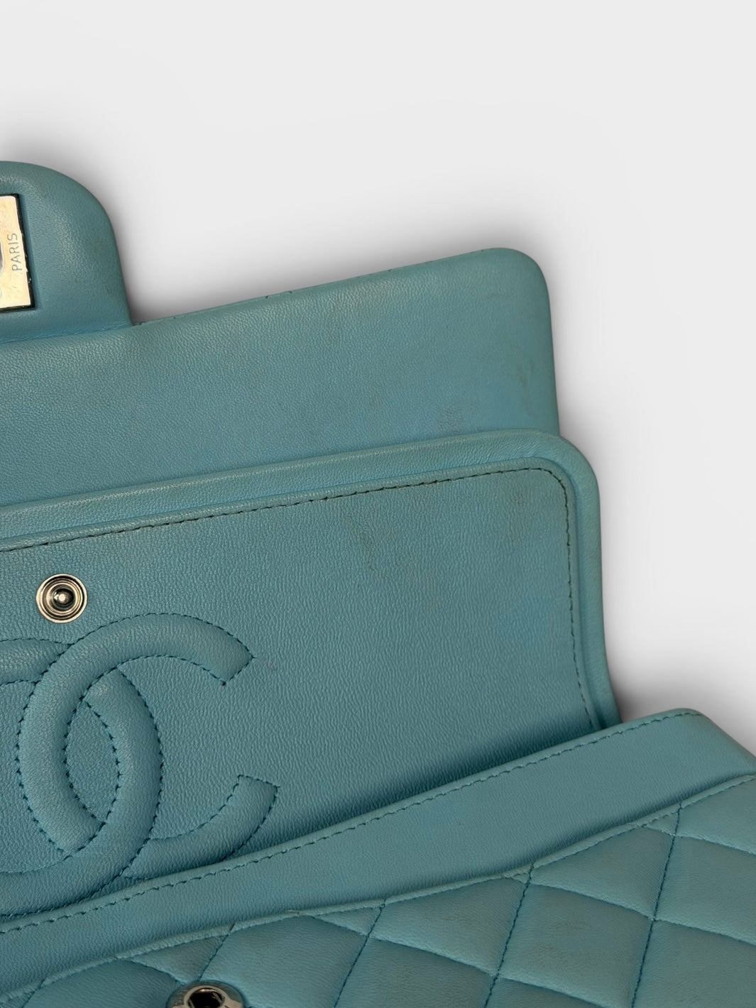 Chanel Medium Double Classic Flap Light Blue Silver Hardware. Authentic and preloved in good condition.