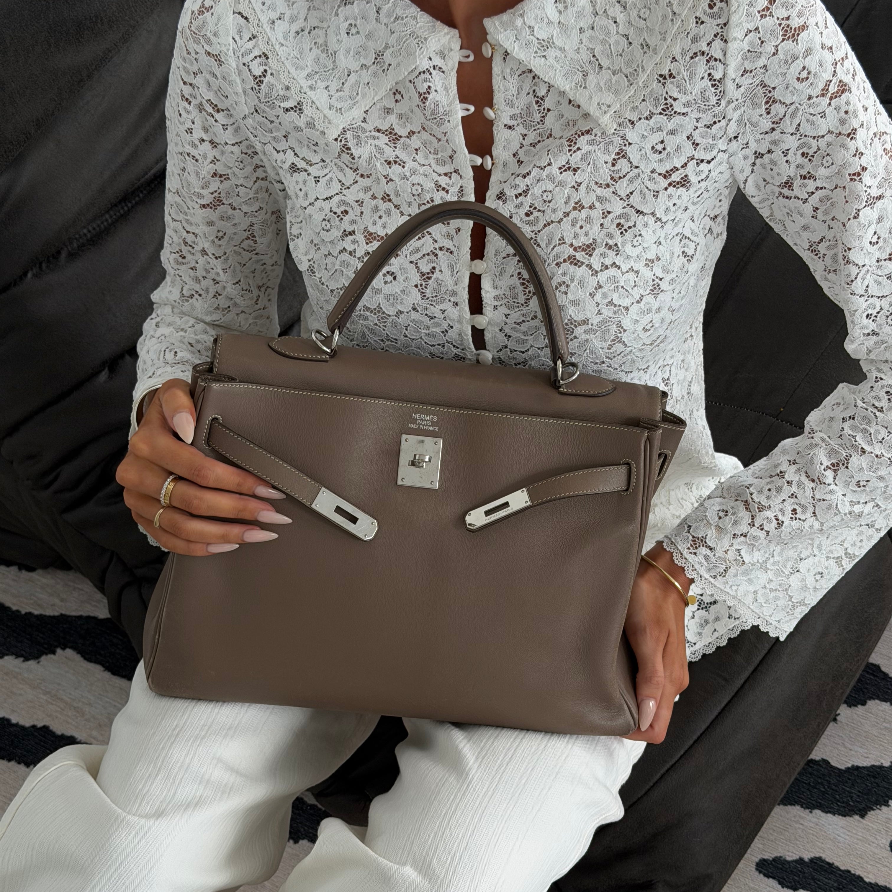 Hermès Kelly 32 In Etoupe Swift Leather With Palladium Hardware