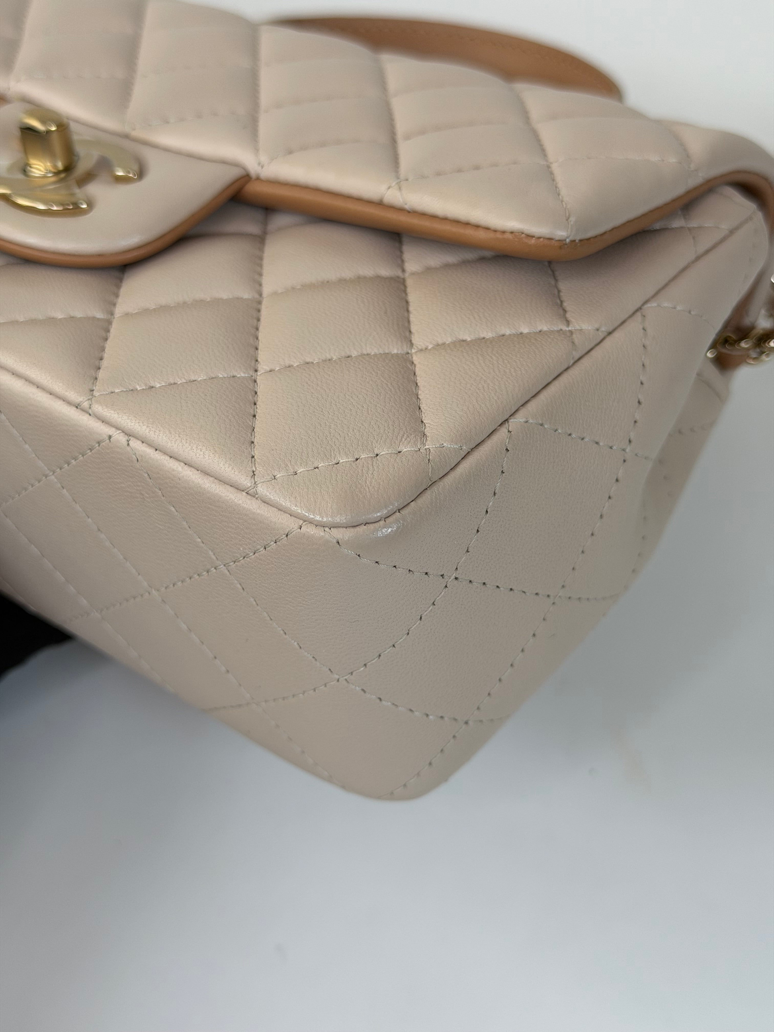 Chanel Mini Rectangle Top Handle Light Beige Lambskin Pale Gold Hardware in excellent condition 100% authentic and preloved