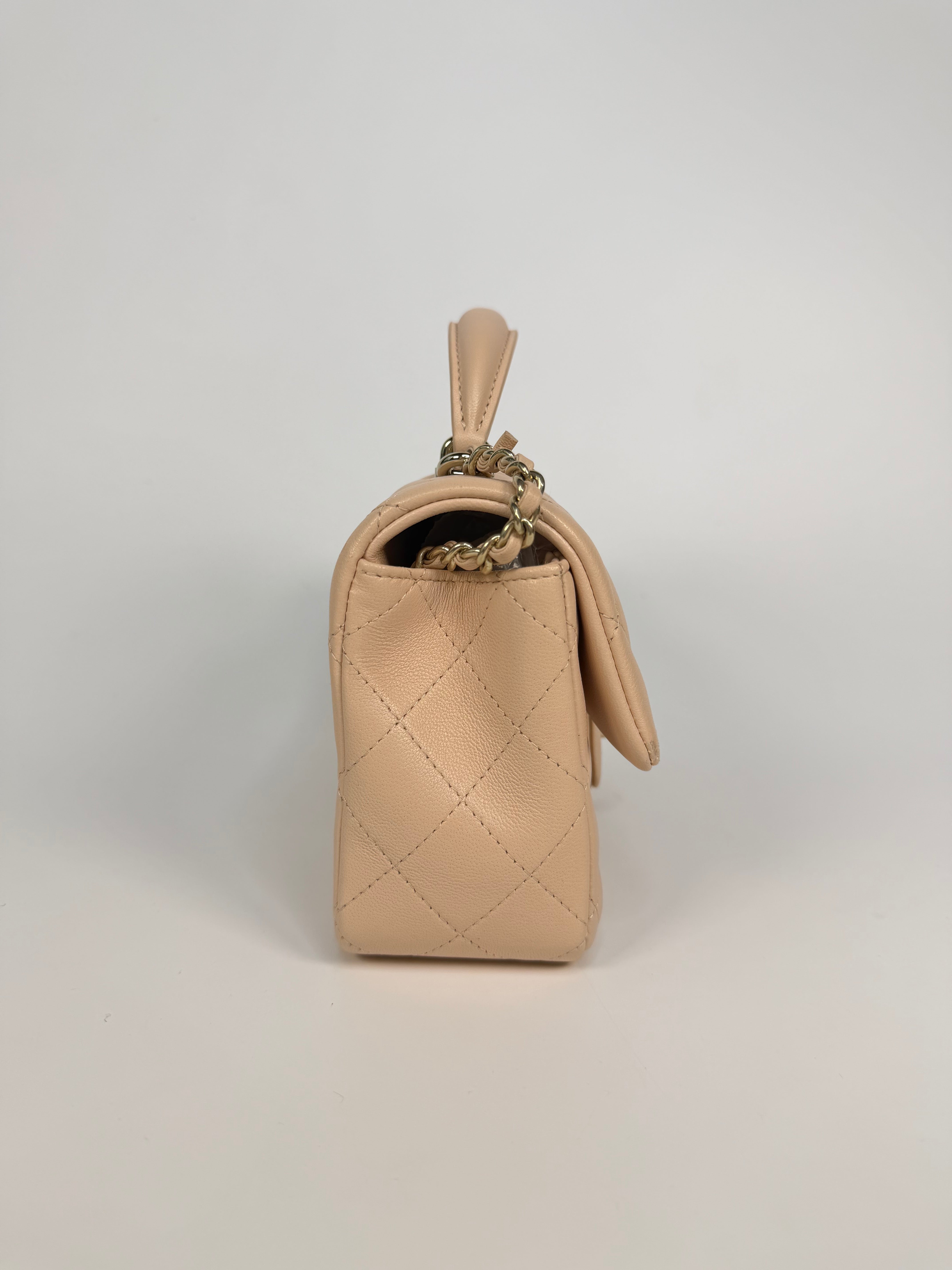 Chanel Mini Rectangle Top Handle In Light Beige Lambskin Leather With Gold Hardware