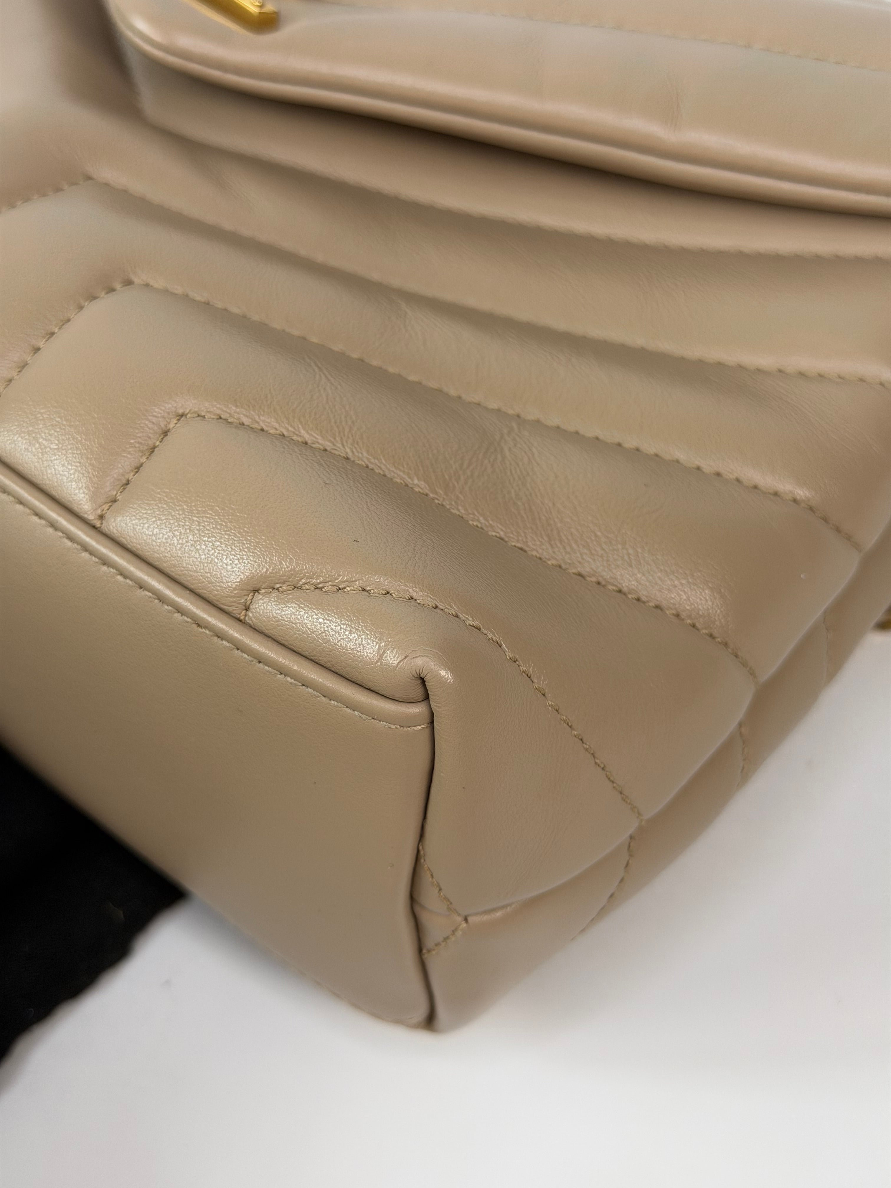 Saint Laurent Small Loulou In Dark Beige Leather With Gold Hardware. 100% authentic and preloved in excellent condition