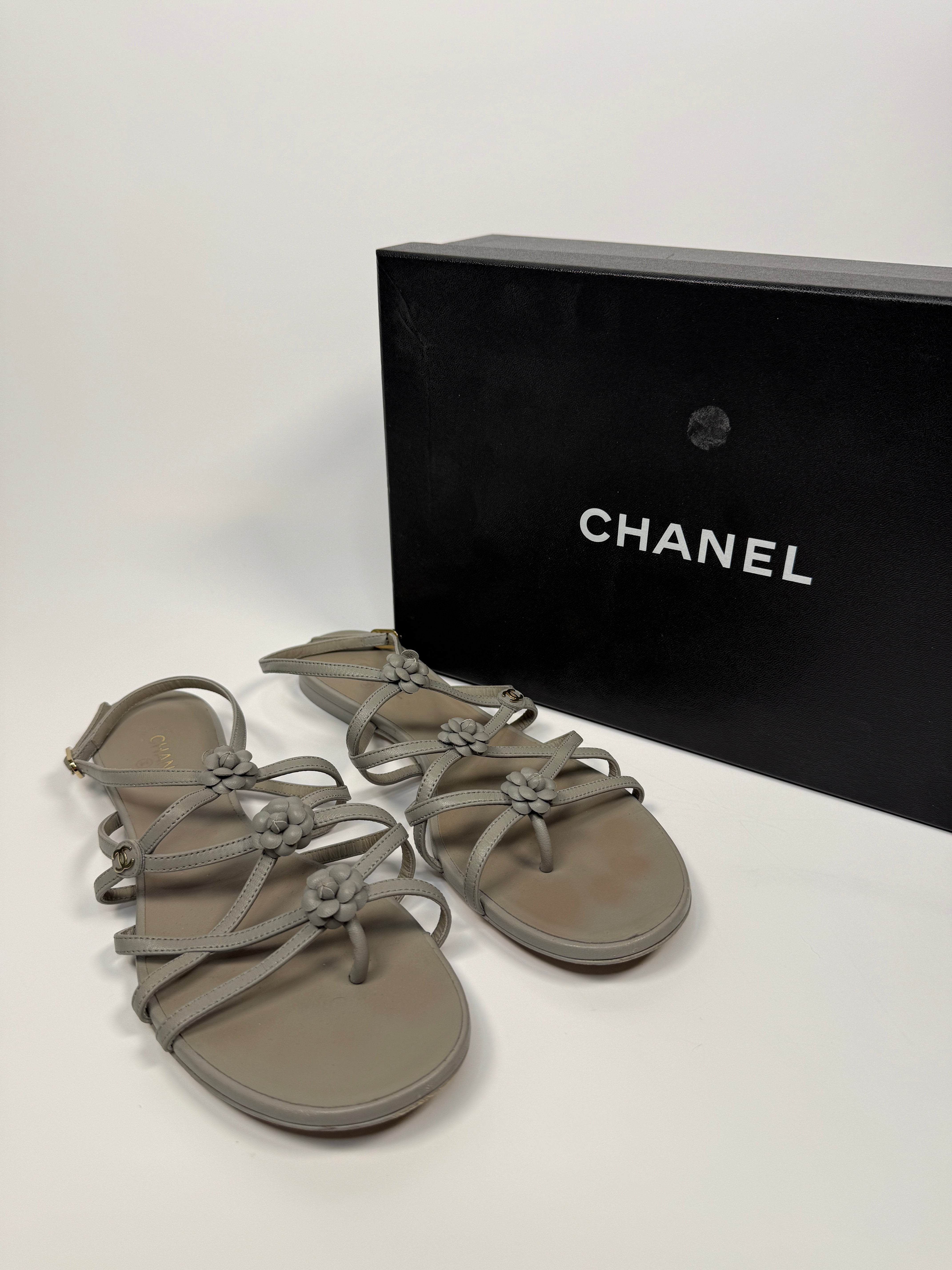 Chanel Camellia Sandals In Grey Leather Size 39.5/UK6.5. Authentic And Preloved In Very Good Condition.