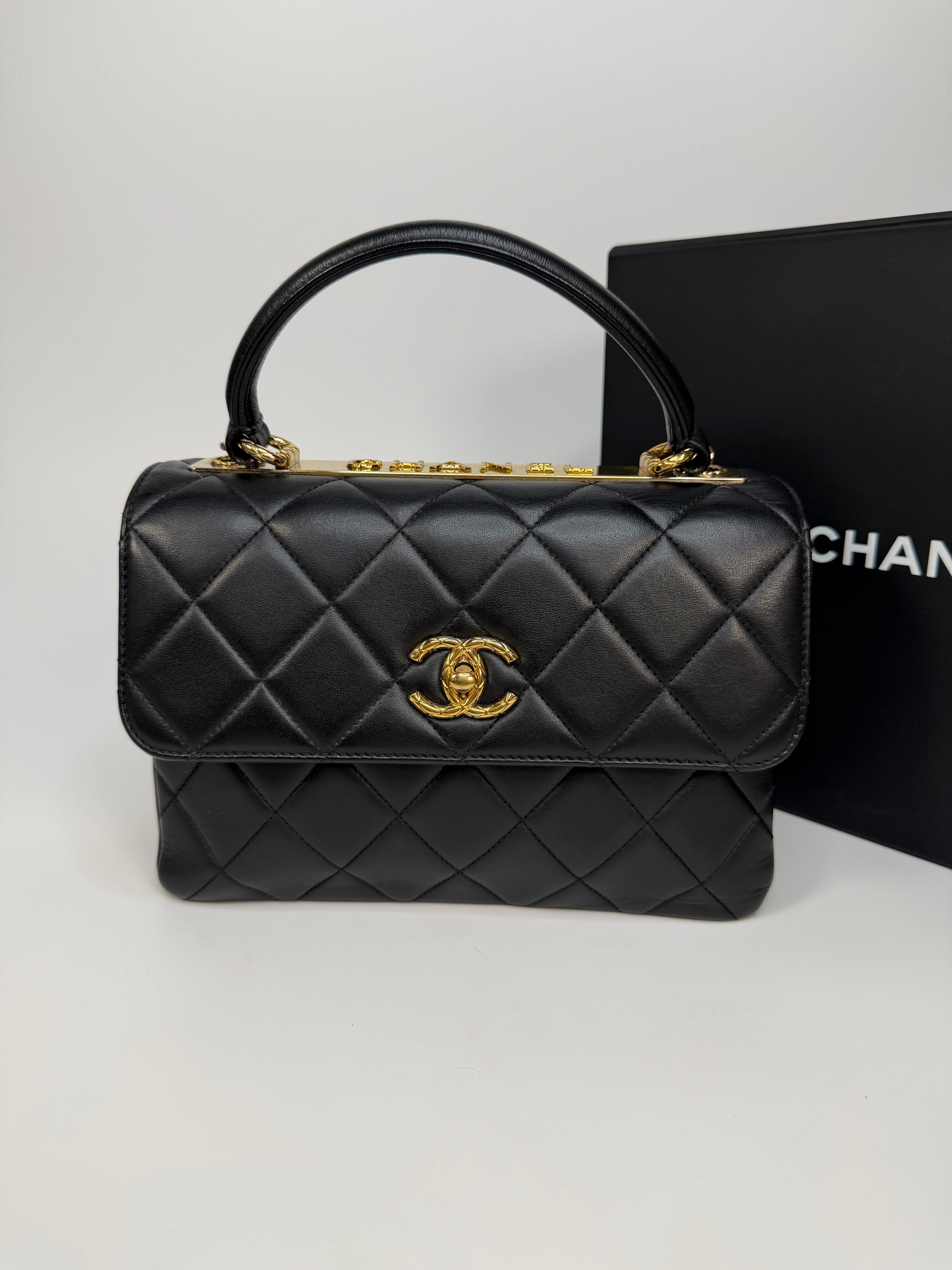Chanel Small Trendy Top Handle In Lambskin Leather With Gold Hardware. Authentic and preloved in excellent condition.