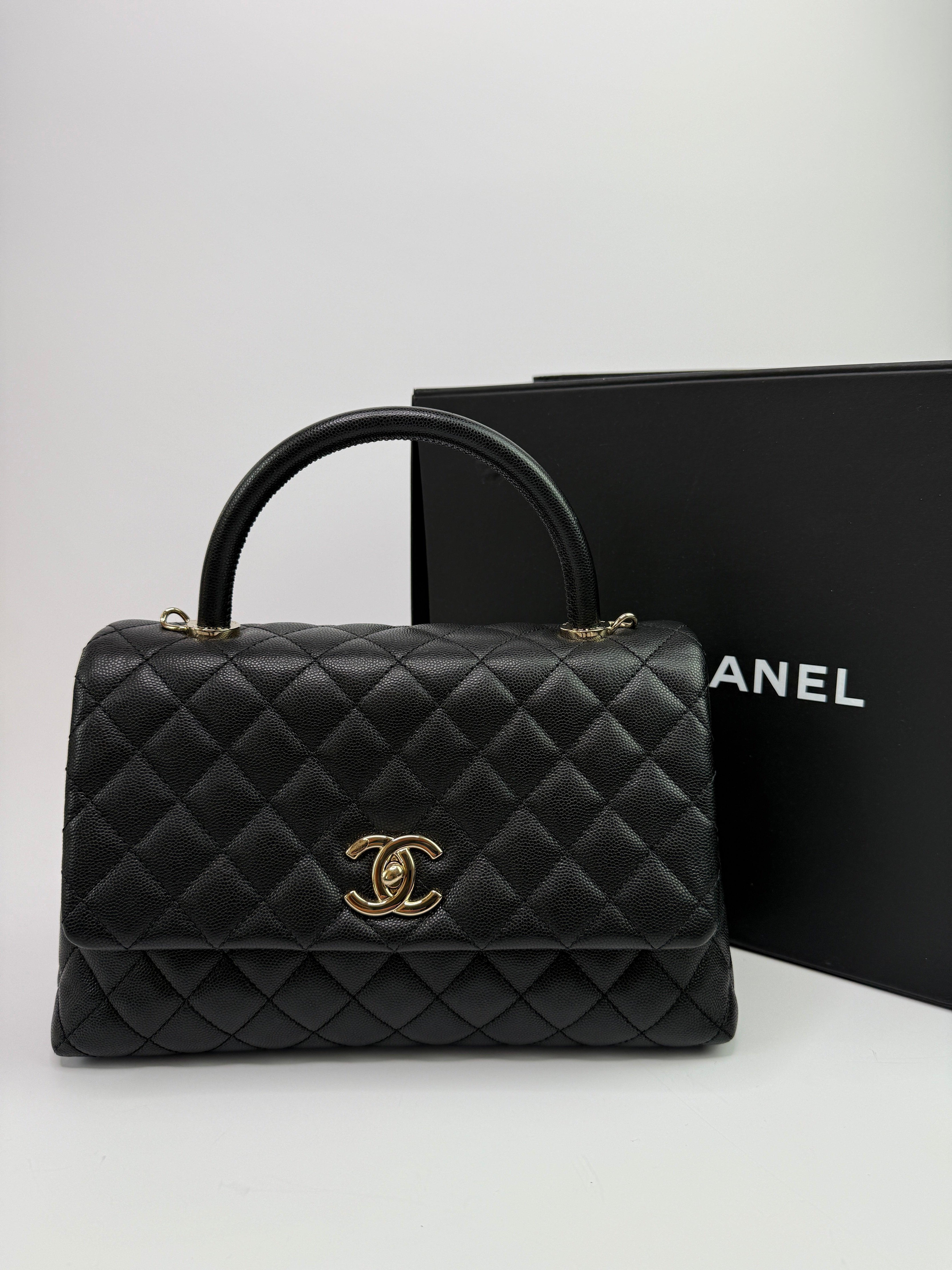 Chanel Coco Medium Top Handle In Black Caviar Leather With PGHW