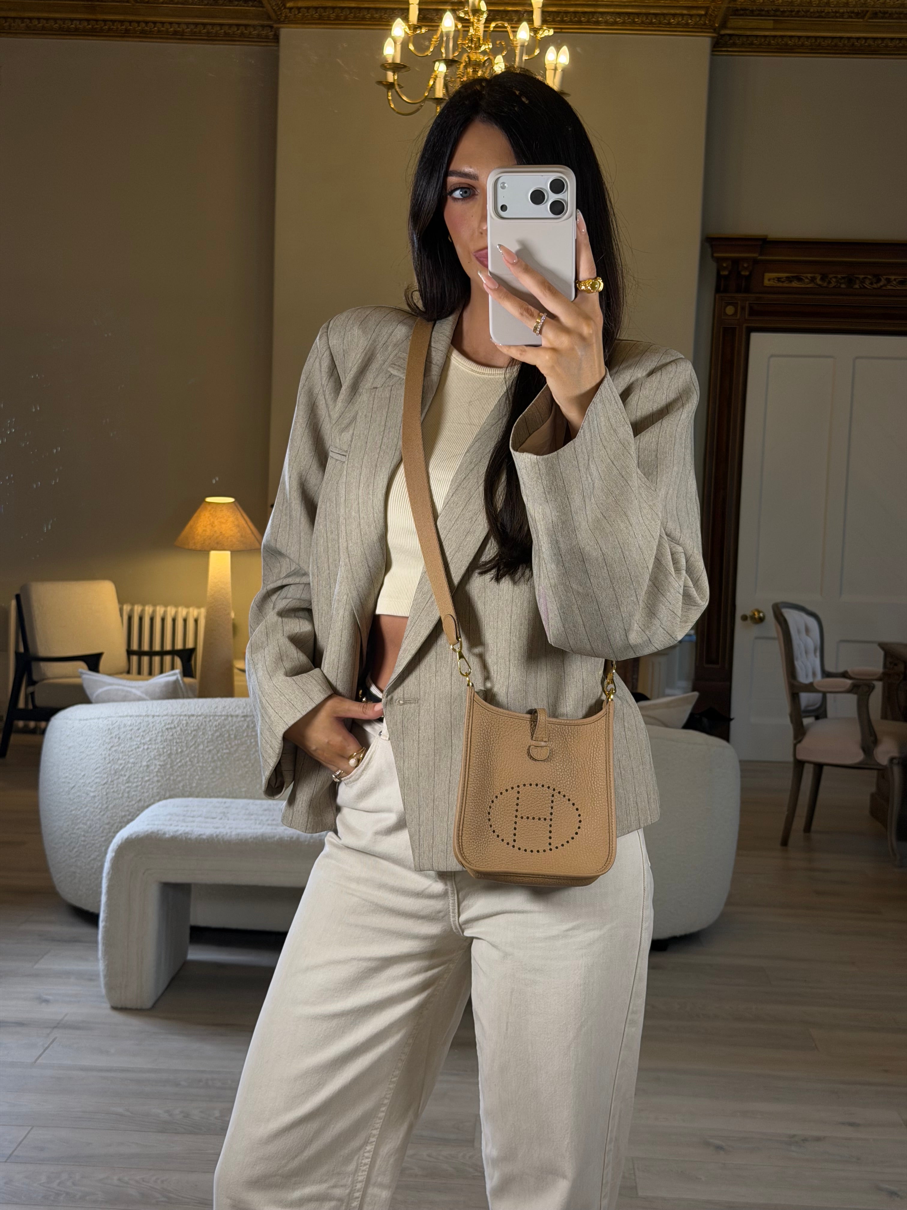 Hermès Evelyne TPM In Chai Clemence Leather With Gold Hardware. Authentic and preloved in excellent condition.