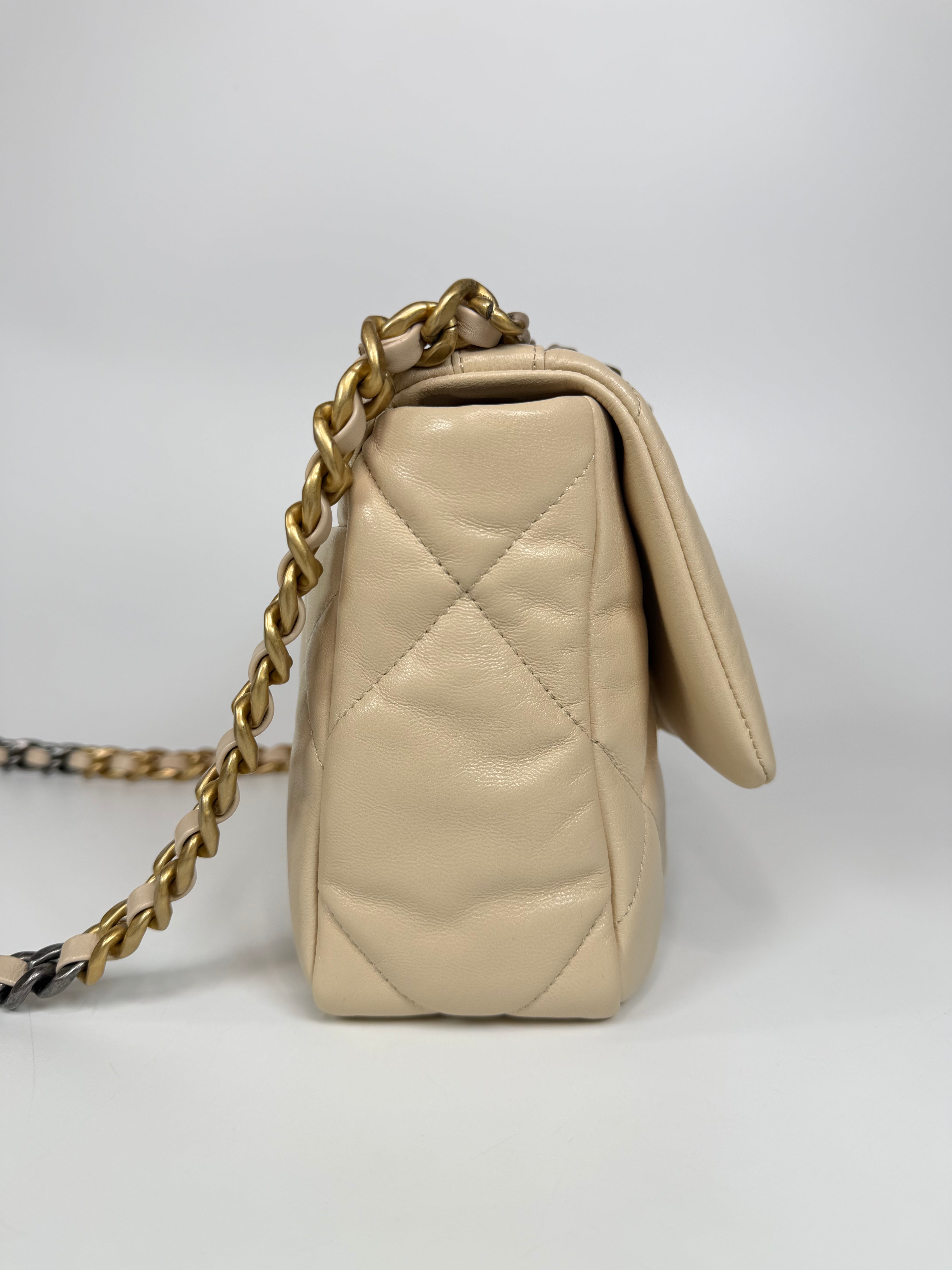 Chanel 19 Small In Beige Leather With Mixed Hardware. Authentic and preloved in excellent condition. Verified by Luxe Cheshire.