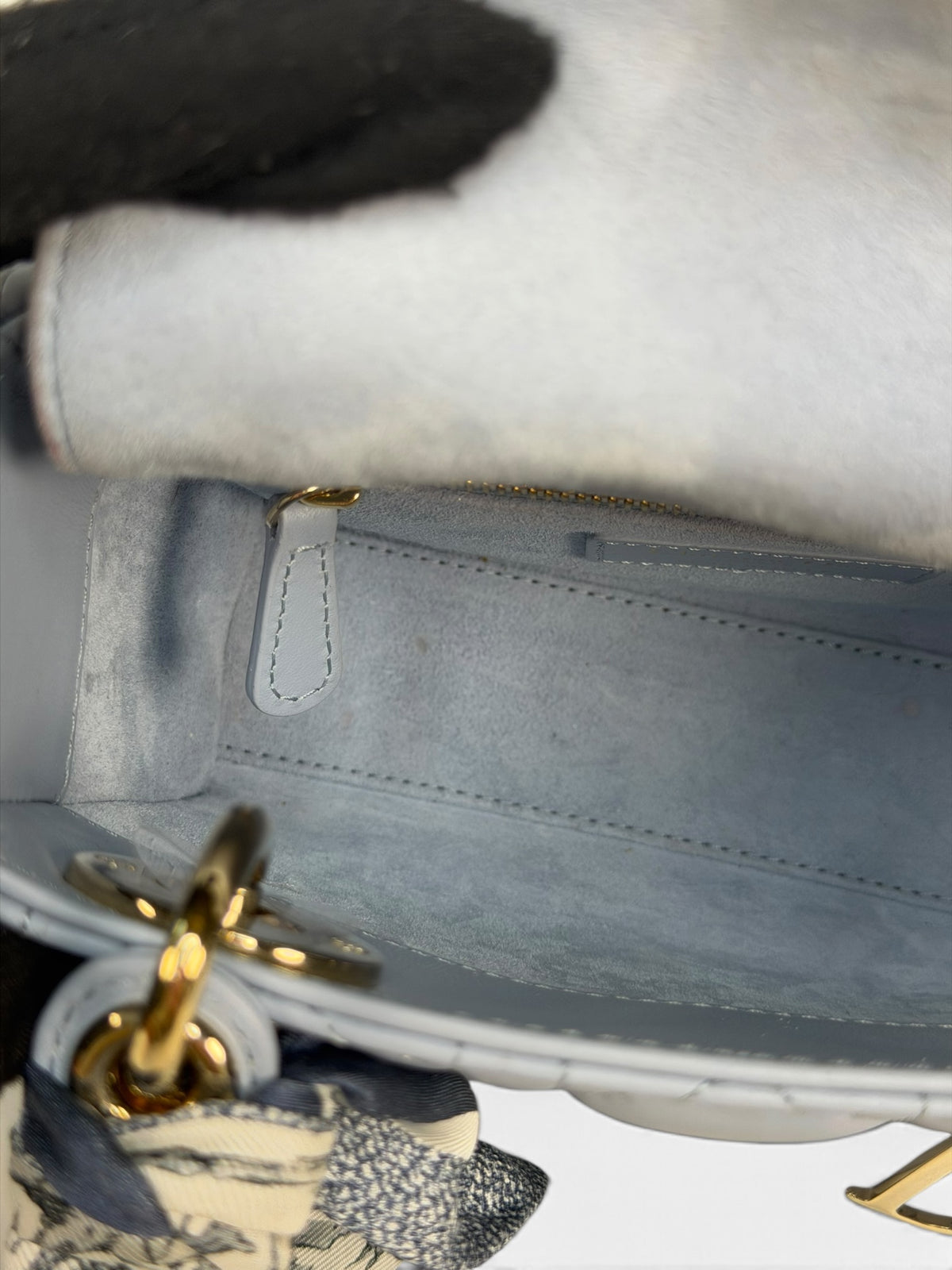 Christian Dior Mini Lady Dior In Pale Blue Cannage Leather With Pale Gold Hardware. 100% Authentic and Preloved in excellent condition. 100% Guarantee