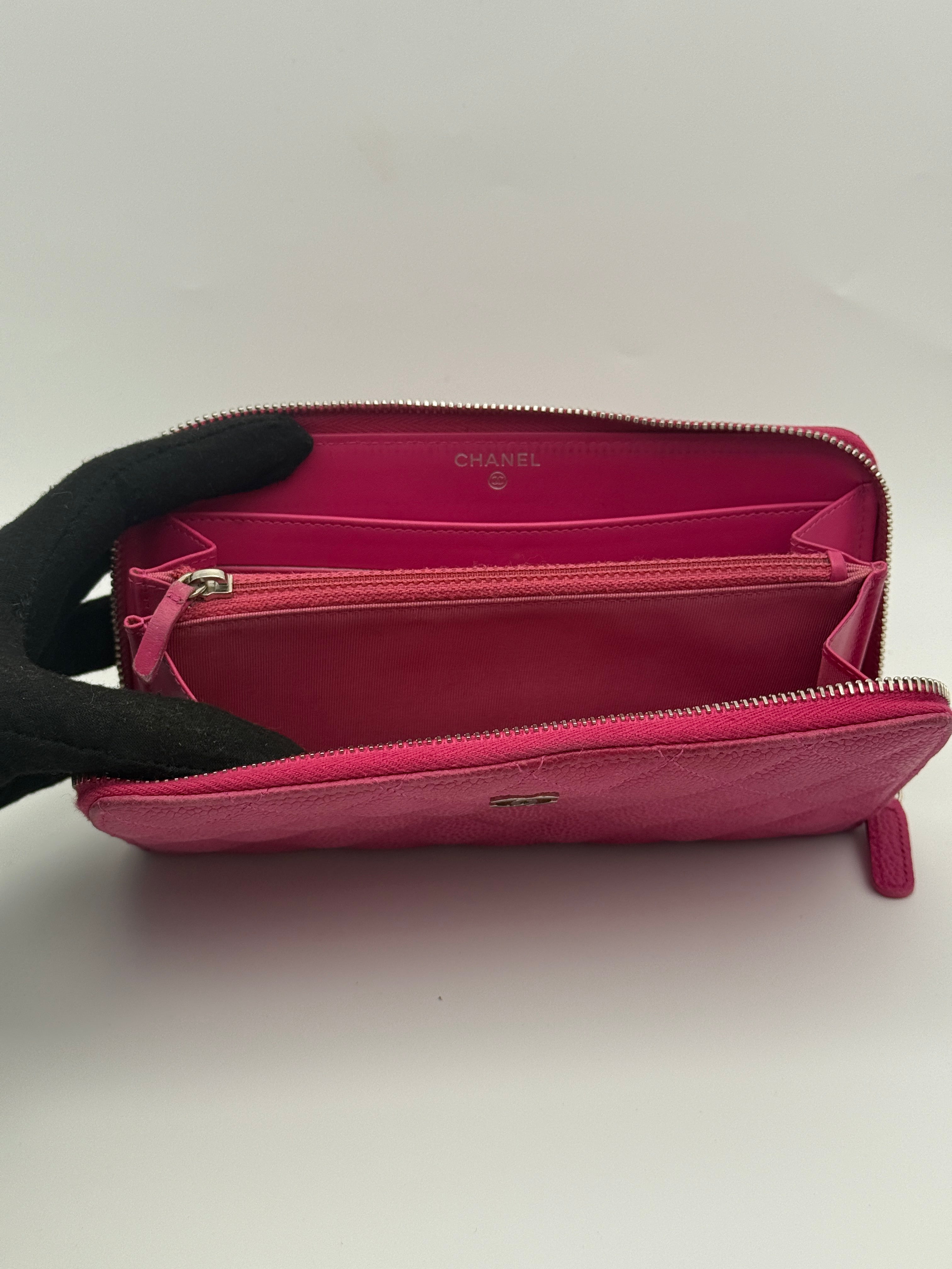 Chanel Classic Pink Caviar Leather Zip Wallet With Silver Hardware Good Condition. Authentic and preloved. 100% Authenticity Guarantee 