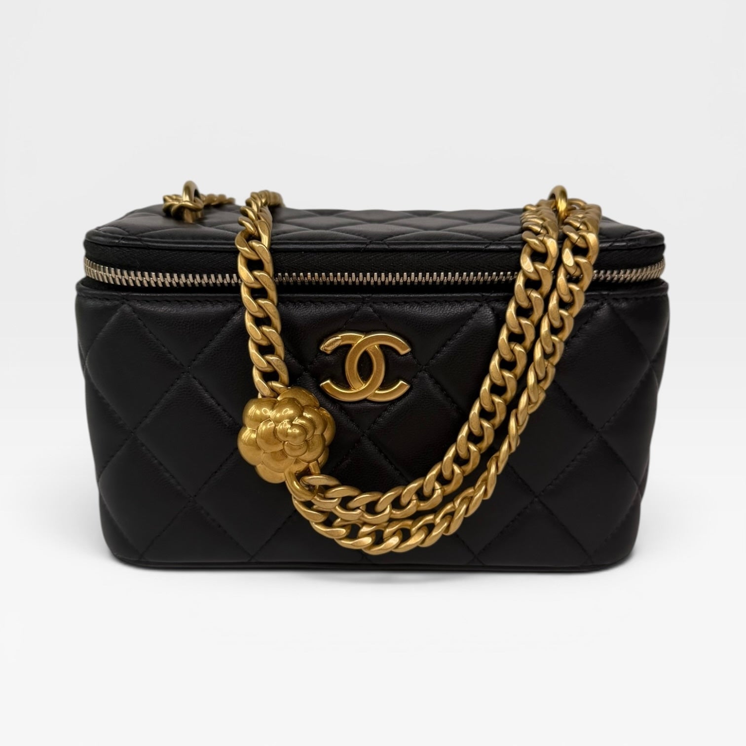Chanel Quilted Pearl Crush Mini Vanity In Black Lambskin Leather With Gold Hardware