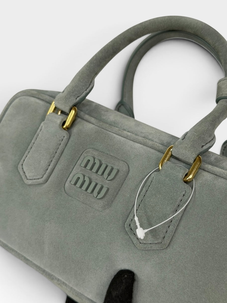 Miu Miu Arcadie Padded Top Handle In Powder Blue Suede Gold Hardware. 100% authentic and preloved in new & unused condition.