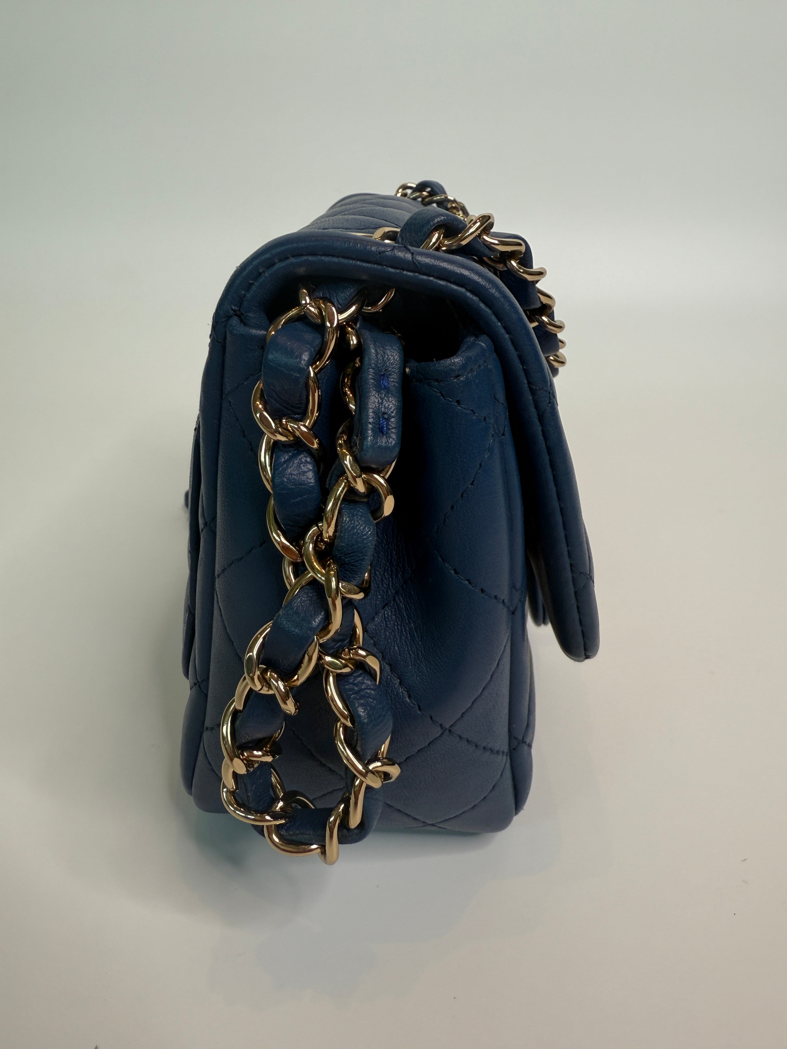 Chanel Mini Square In Navy Lambskin Leather With PGHW