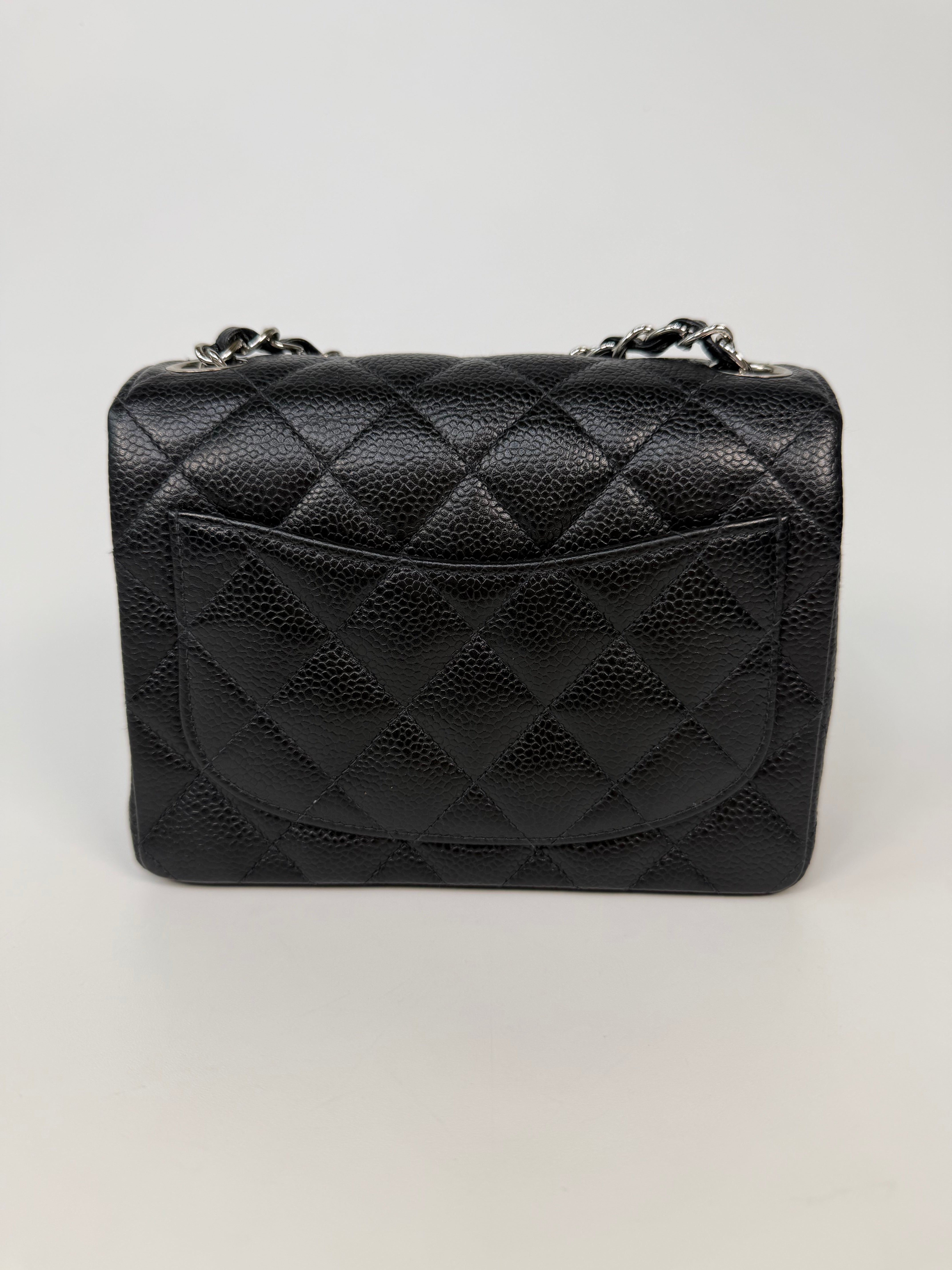 Chanel Vintage Mini Square Flap In Black Caviar Leather With Silver Hardware