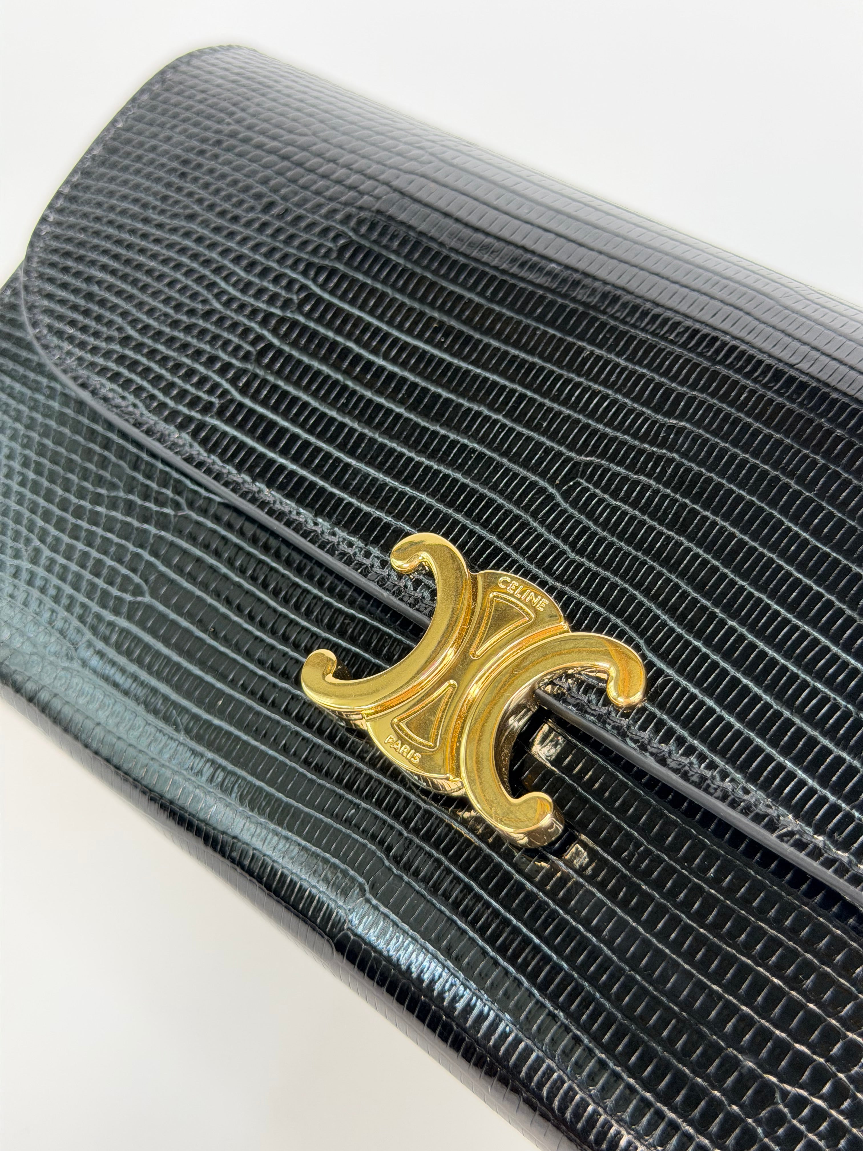 Celine Triomphe Wallet In Black Lizard Embossed Calfskin Gold Hardware. Authentic and preloved in excellent condition
