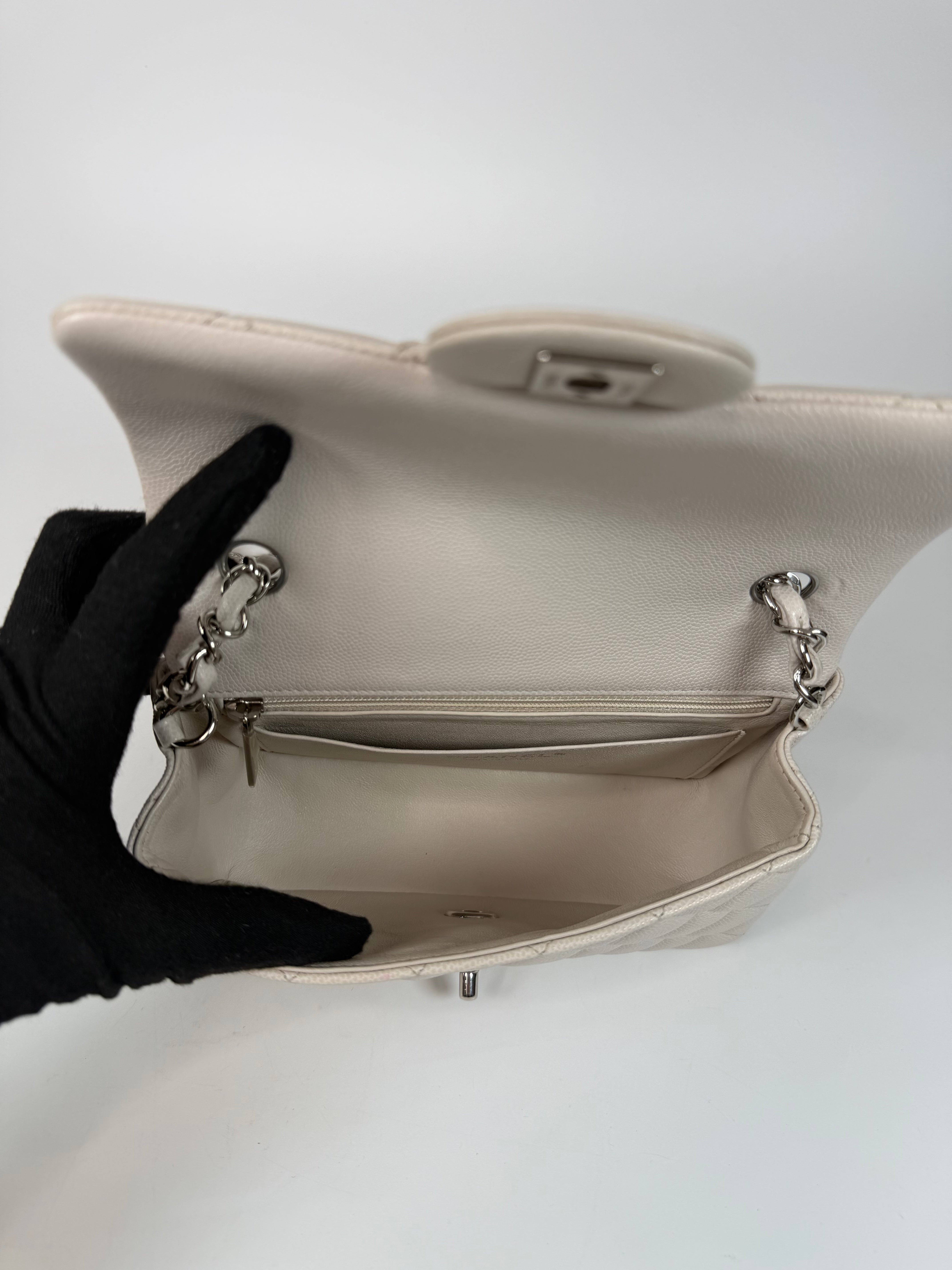 Chanel Mini Rectangle Pale Grey Caviar Leather With Silver Hardware in excellent condition 100% authentic and preloved