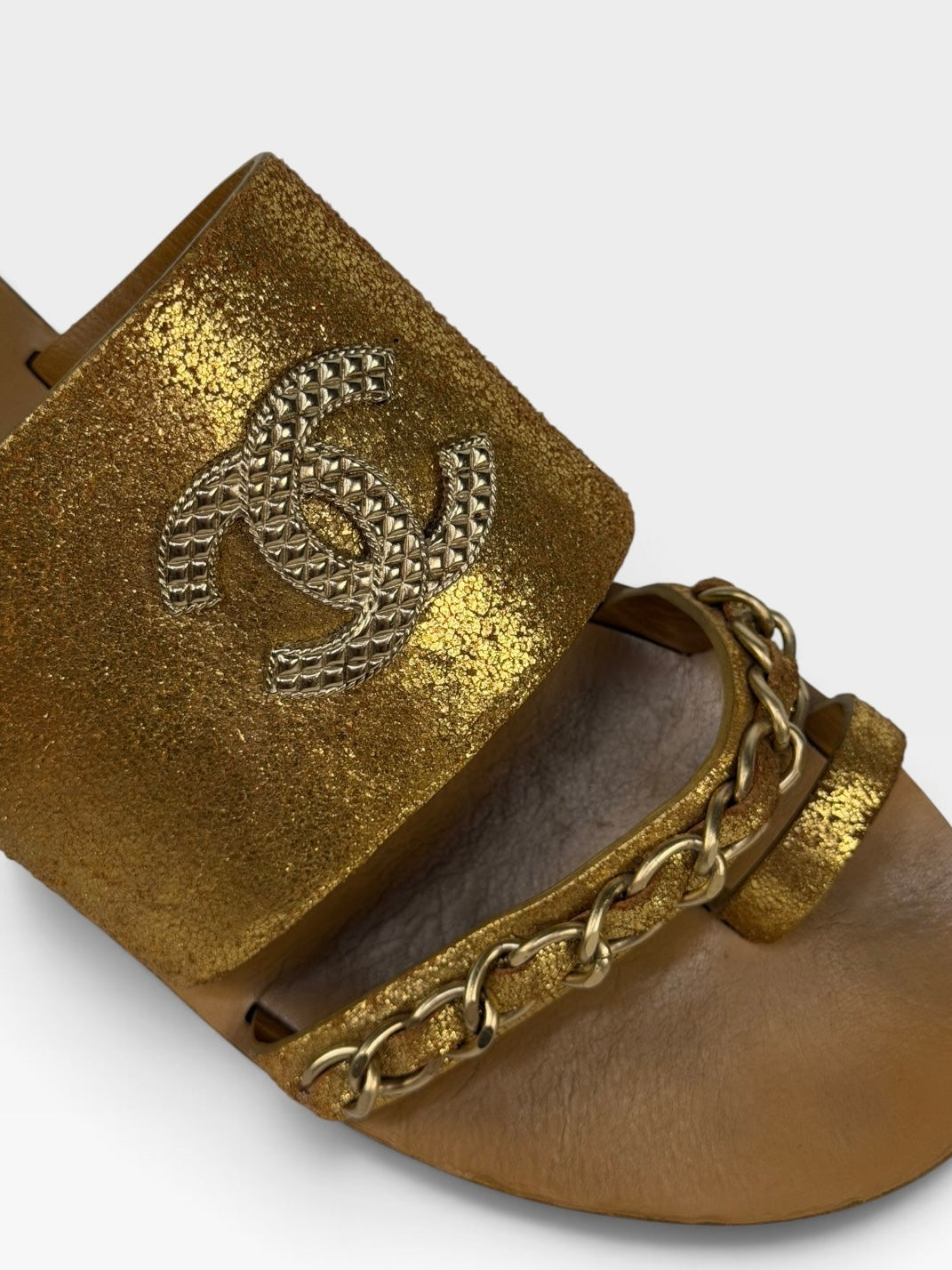 Chanel Sandals In Metallic Gold (Size 39.5/UK 6.5) 100% authentic and preloved in excellent condition