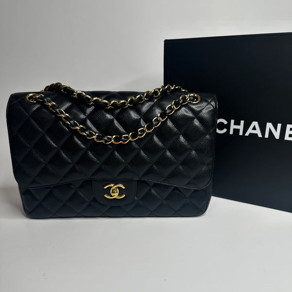 Chanel Black Caviar Leather Jumbo Classic Double Flap With GH