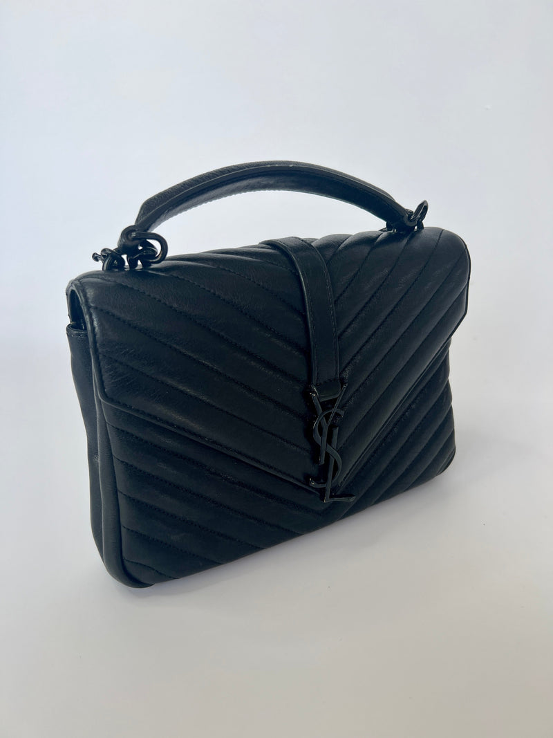Saint Laurent Black Matelassé Leather Medium College Top Handle Bag