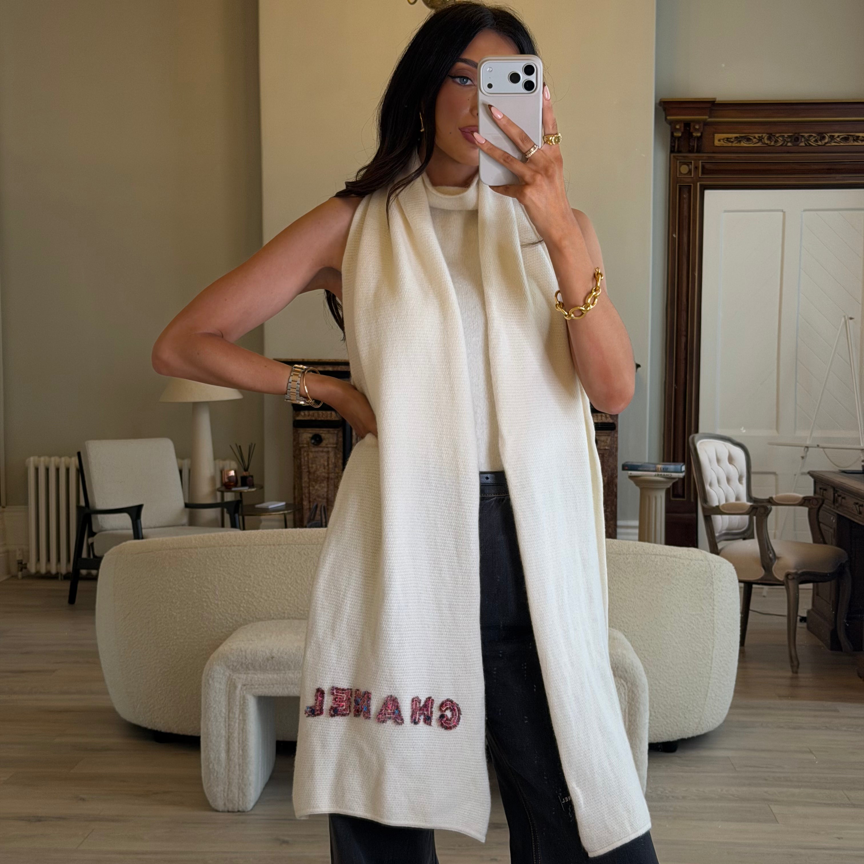 Chanel Cream Knit Logo Scarf With Tweed Detail, authentic and preloved in excellent condition