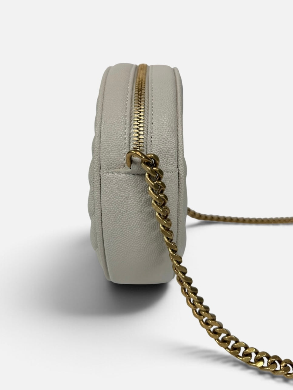 Saint Laurent Vinyle Round Bag In Stone Grain De Poudre With Gold Hardware