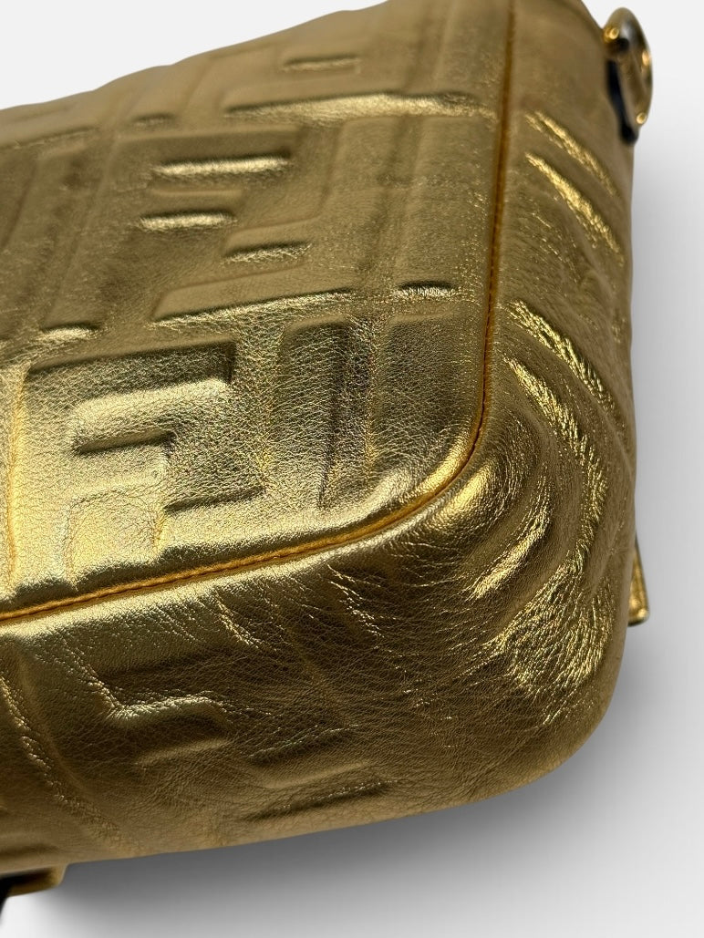 Fendi Large Baguette In Gold Leather Monogram With Gold Hardware. 100% authentic and preloved in excellent condition
