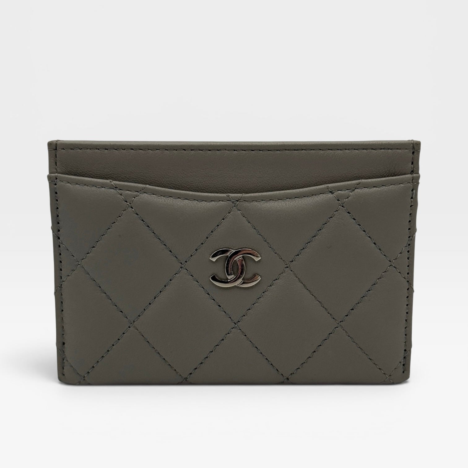 Chanel Classic Card Holder In Grey Lambskin Leather With Silver Hardware