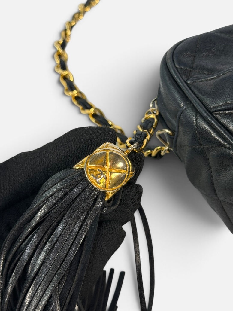 Chanel Vintage Quilted Camera Bag In Black Lambskin With 24kt Gold Hardware
