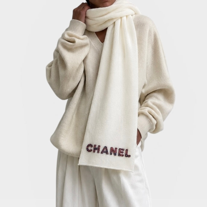 Chanel Cream Knit Logo Scarf