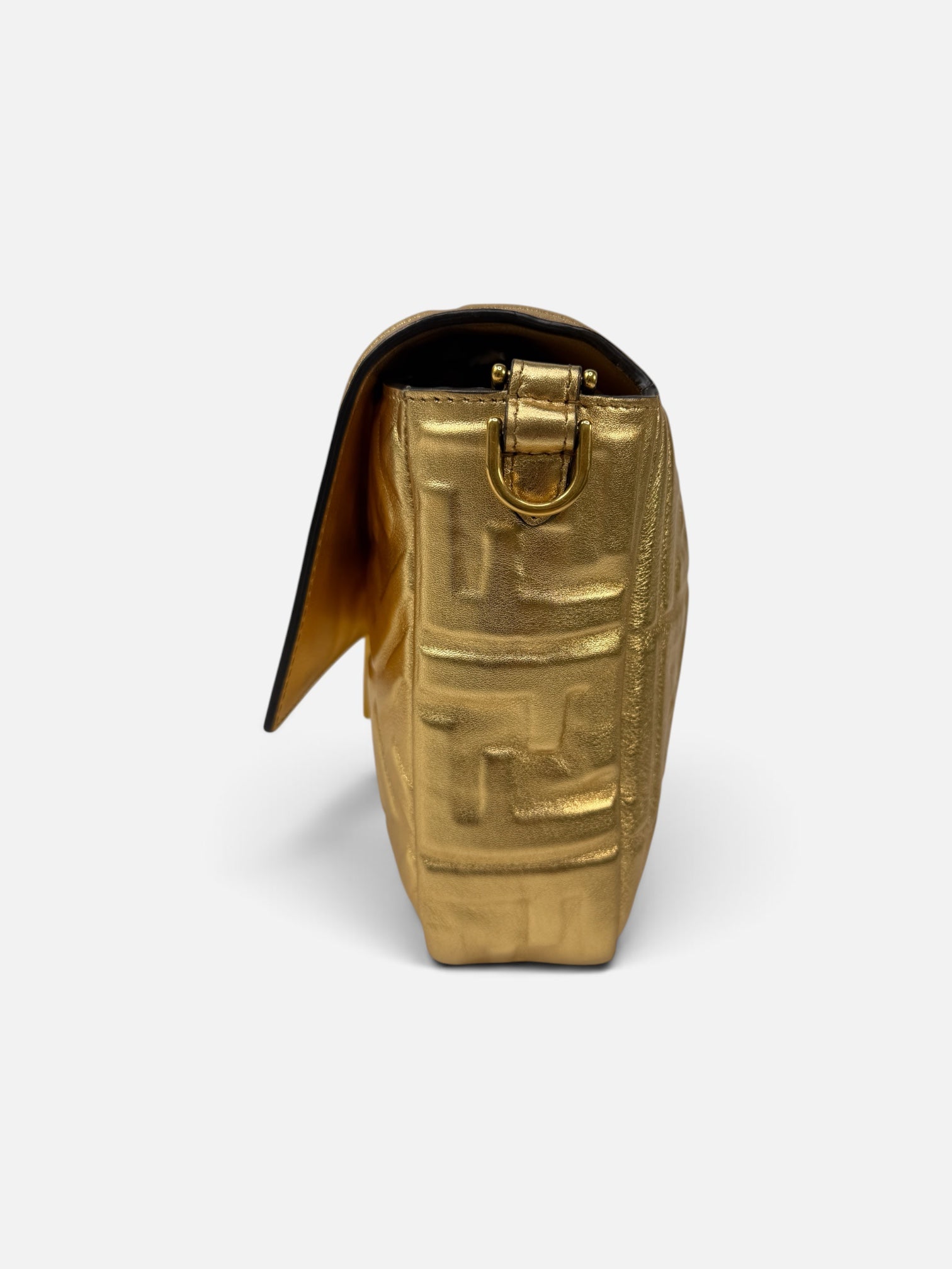 Fendi Large Baguette In Gold Leather Monogram With Gold Hardware. 100% authentic and preloved in excellent condition