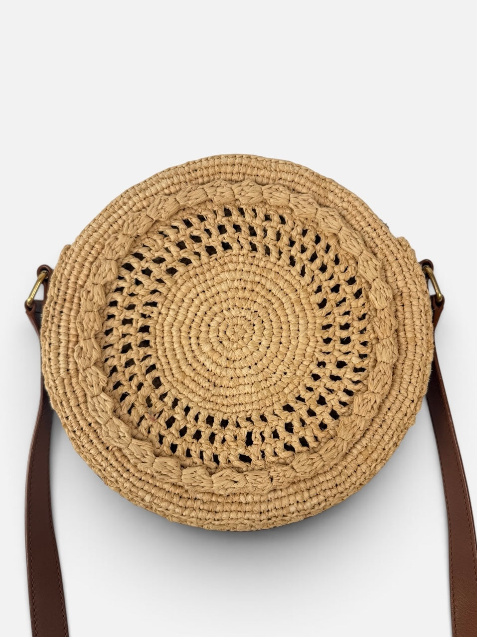 Saint Laurent Round Raffia Crossbody Bag With Gold Hardware. 100% authentic and preloved in excellent condition