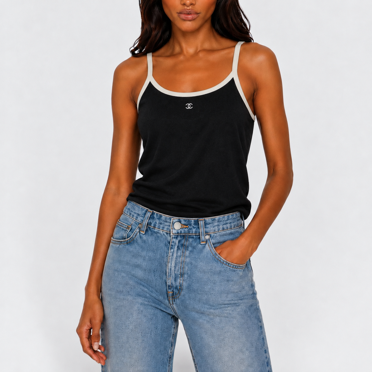 Chanel Logo Camisole In Black & White Knit (Size 36/UK8). 100% authentic and pre loved in excellent condition. 