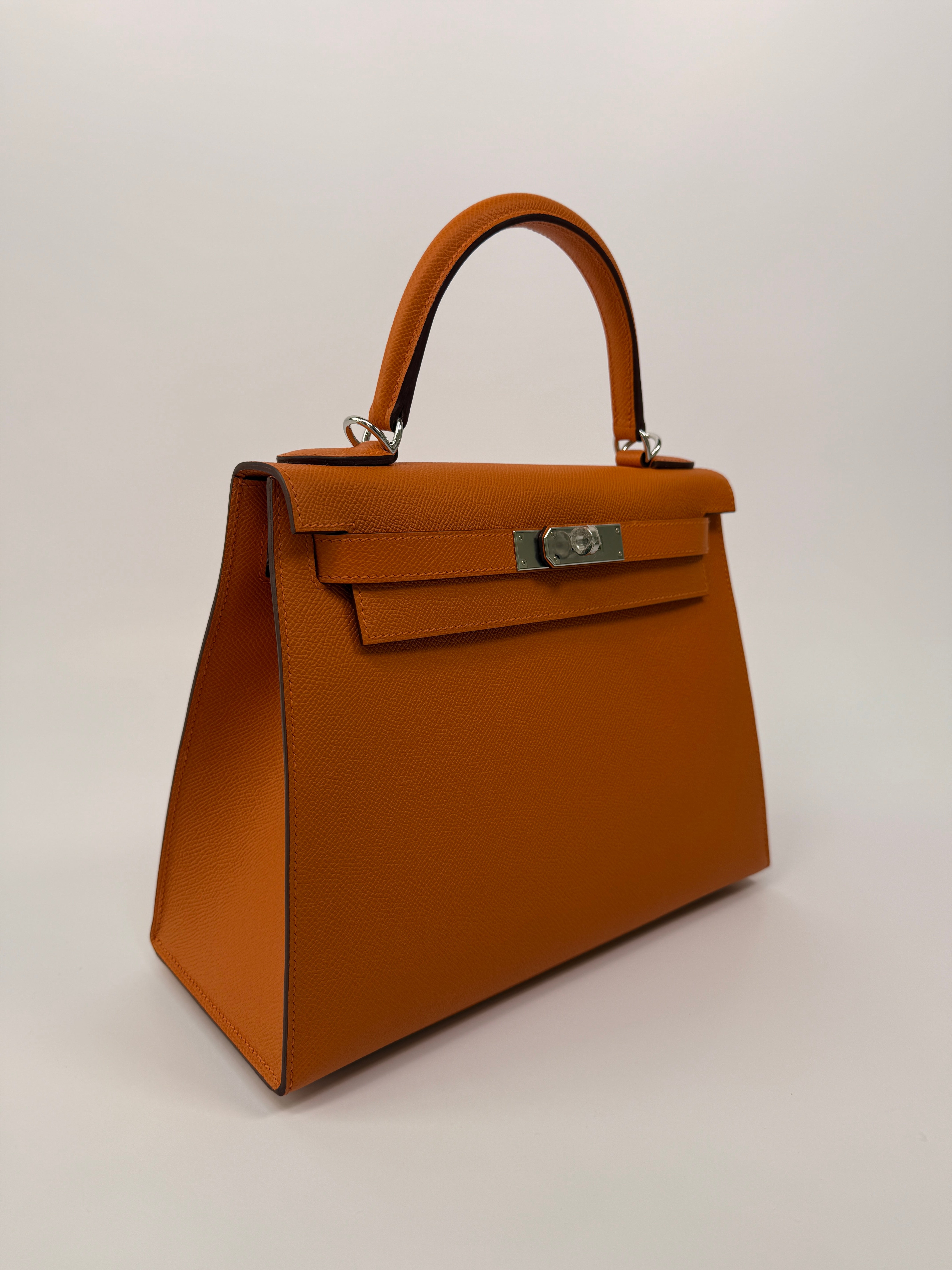 Authentic Pre Loved Hermès Kelly 28 In Orange Epsom Leather With Palladium Hardware New & Unused Condition