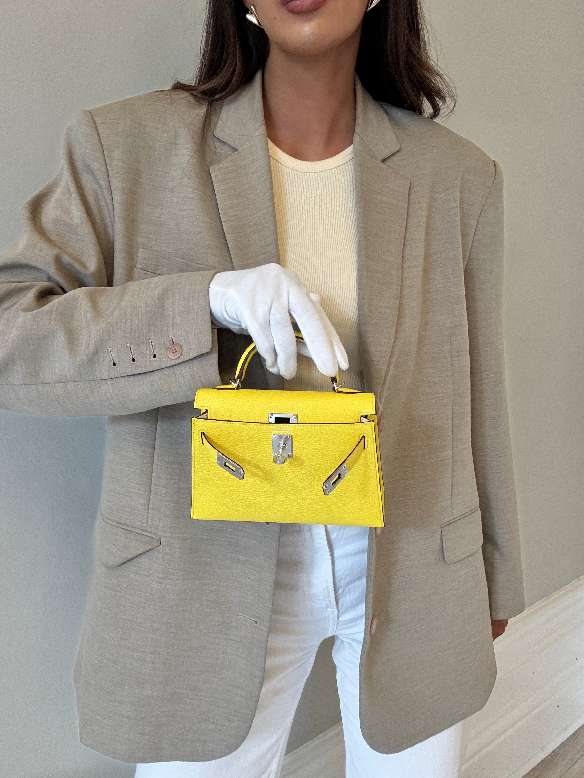 Authentic Pre Loved Hermés Mini Kelly ll Sellier Verso Chèvre Mysore in Jaune Citron and Mushroom With Palladium Hardware New & Unused Condition